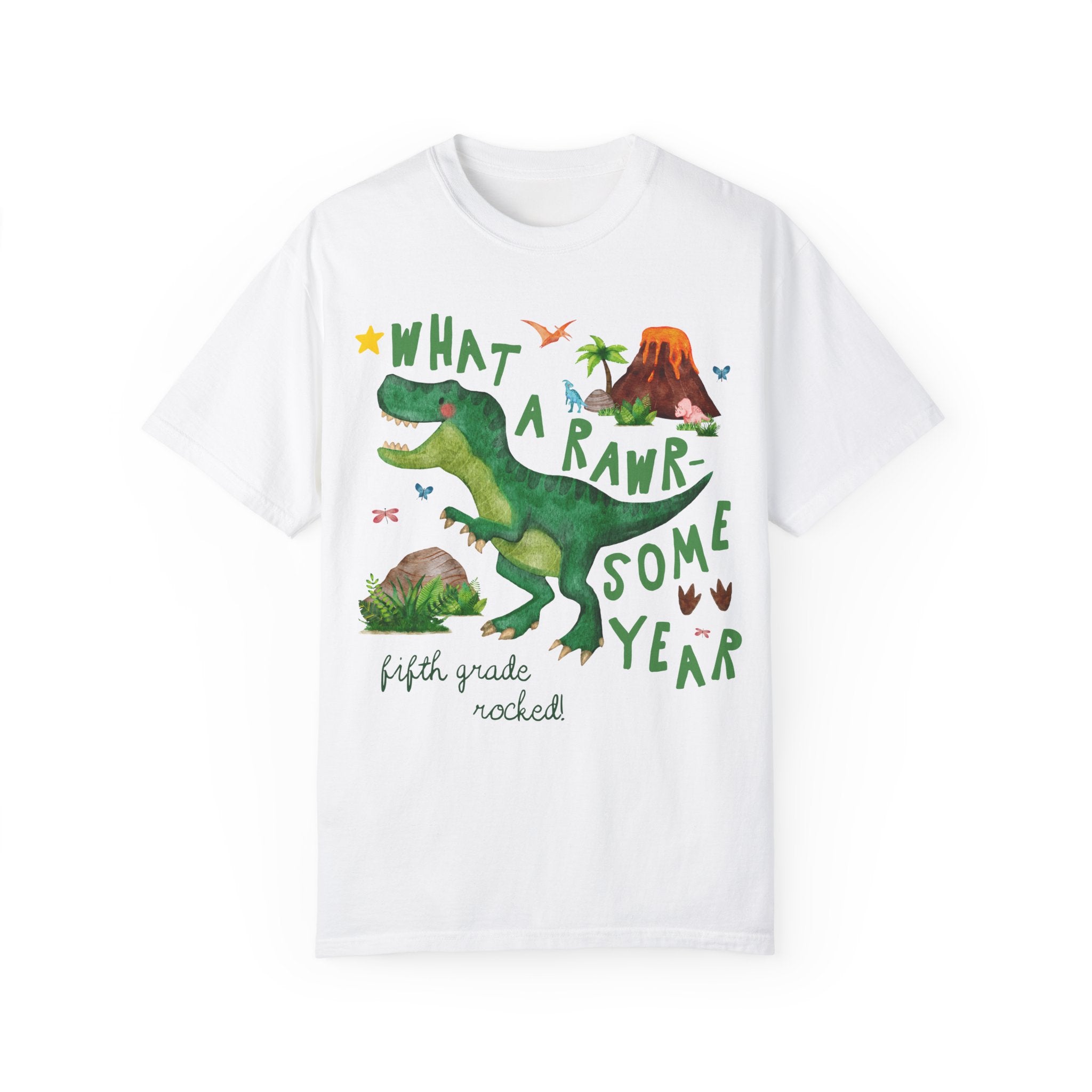 Last Day of School Fifth Grade Teacher Tee Shirt with Dinosaur: What a Rawr - Some Year! Funny Saying Class Dismissed Tee, Fifth Grade Crew - Opal and June