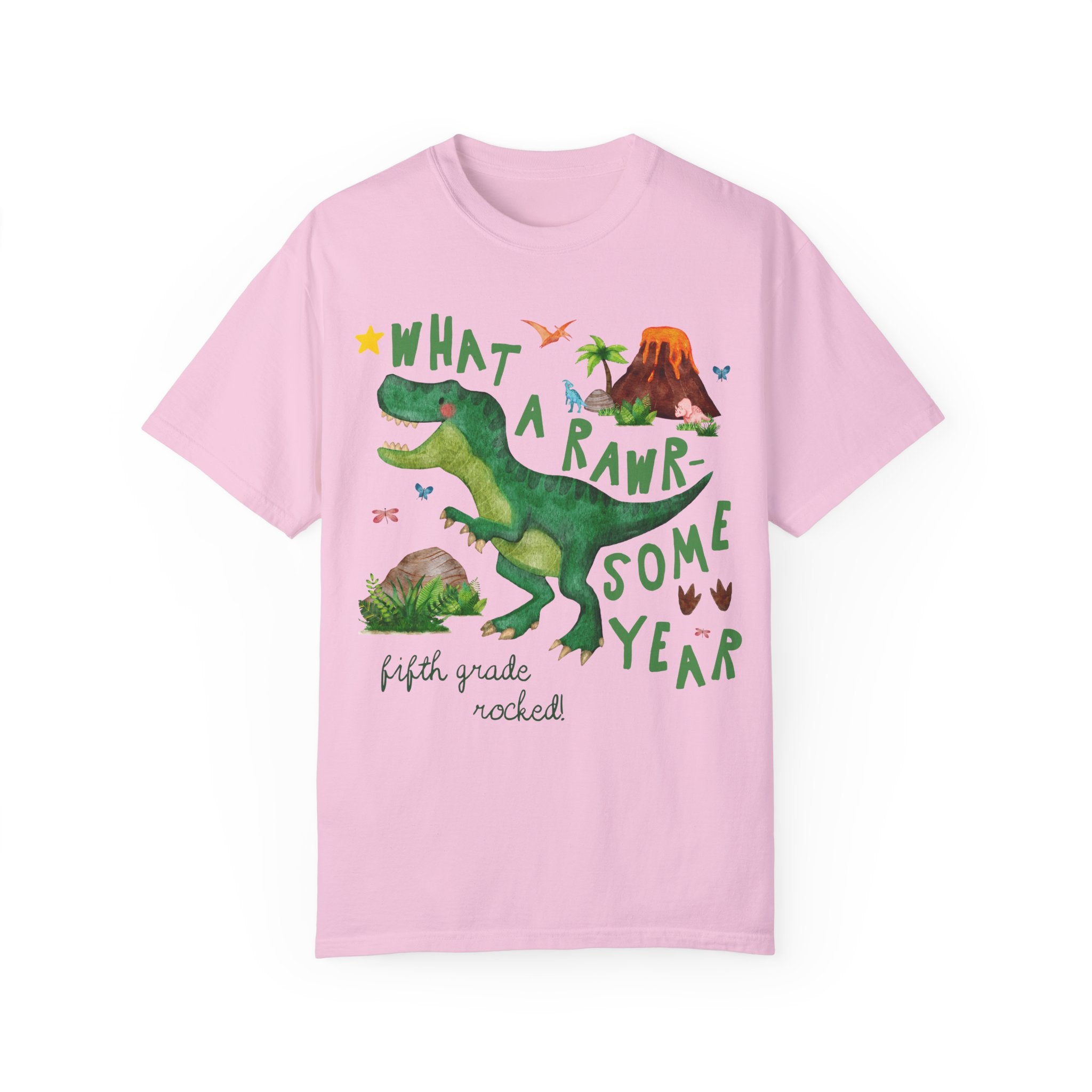 Last Day of School Fifth Grade Teacher Tee Shirt with Dinosaur: What a Rawr - Some Year! Funny Saying Class Dismissed Tee, Fifth Grade Crew - Opal and June