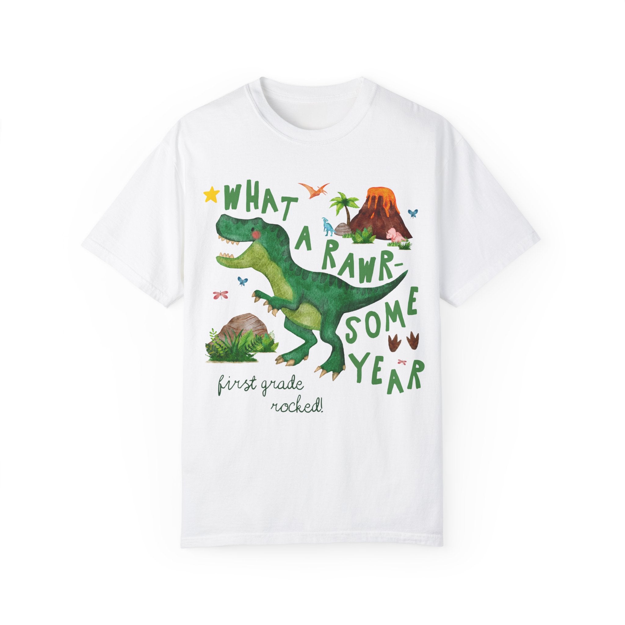 Last Day of School First Grade Teacher Tee Shirt with Dinosaur: What a Rawr - Some Year! Funny Saying Class Dismissed Tee, First Grade Crew - Opal and June