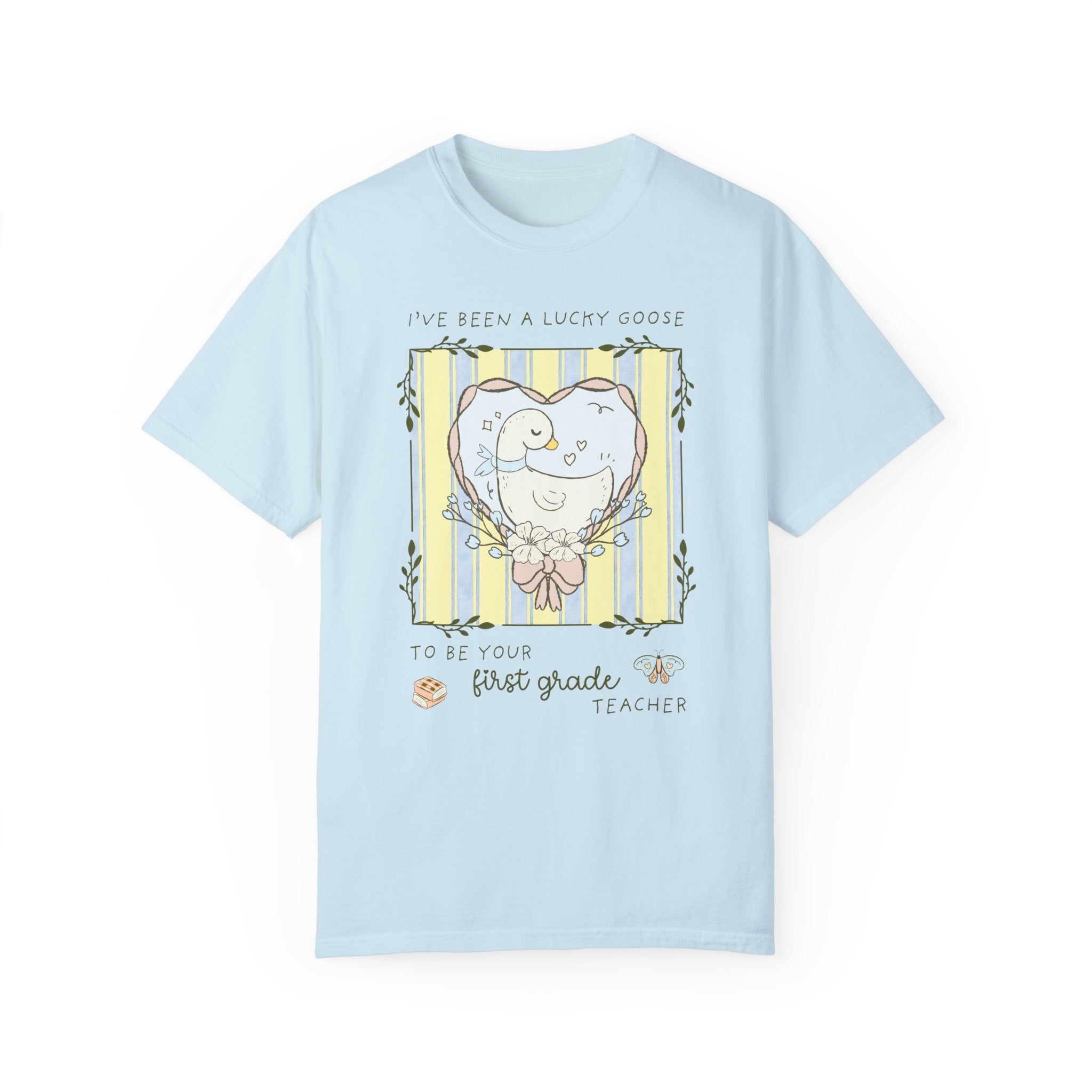 Last Day of School First Grade Teacher Tee Shirt with Silly Goose and Butterflies: Class Dismissed End of School Year Animal Lover T-Shirt - Opal and June