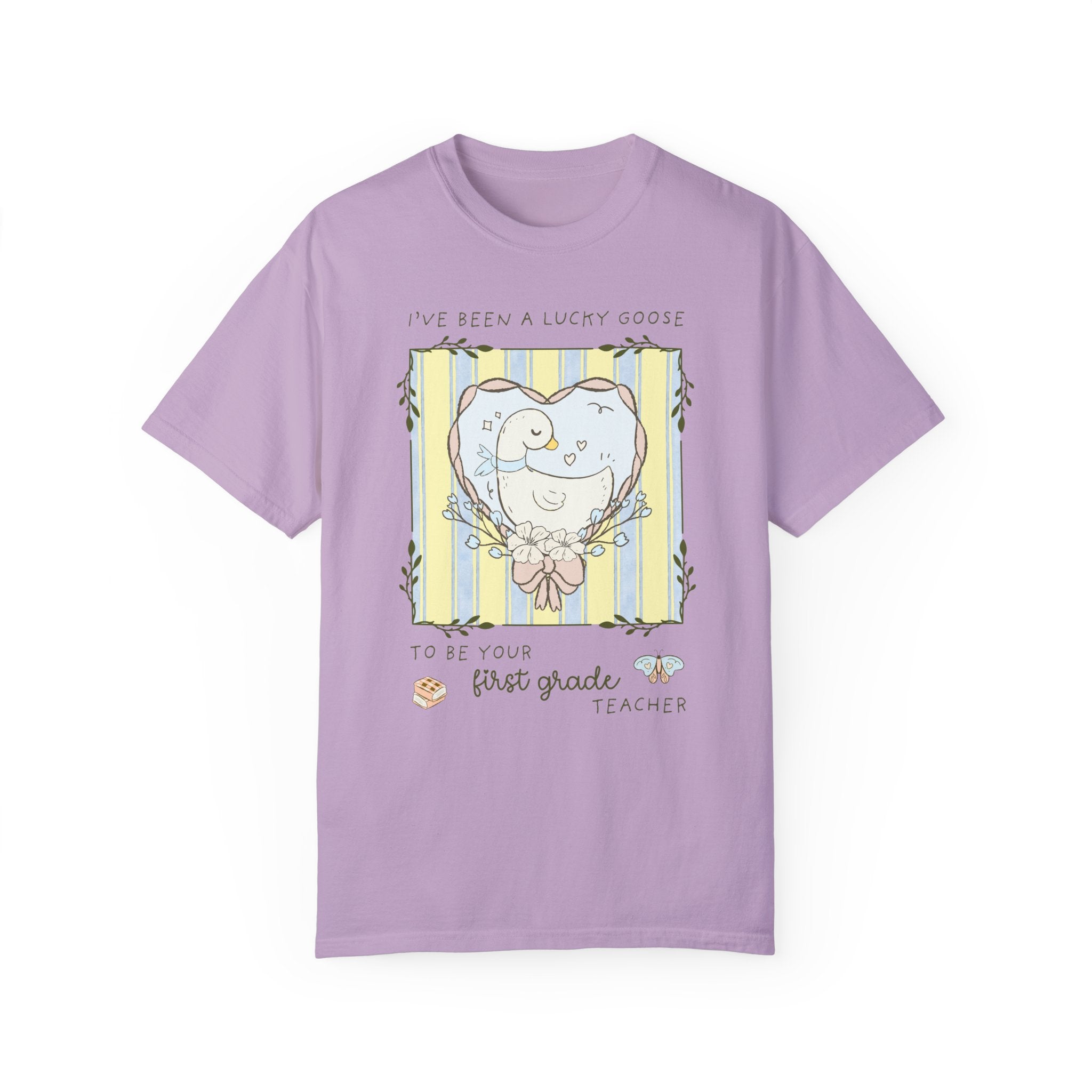 Last Day of School First Grade Teacher Tee Shirt with Silly Goose and Butterflies: Class Dismissed End of School Year Animal Lover T-Shirt - Opal and June