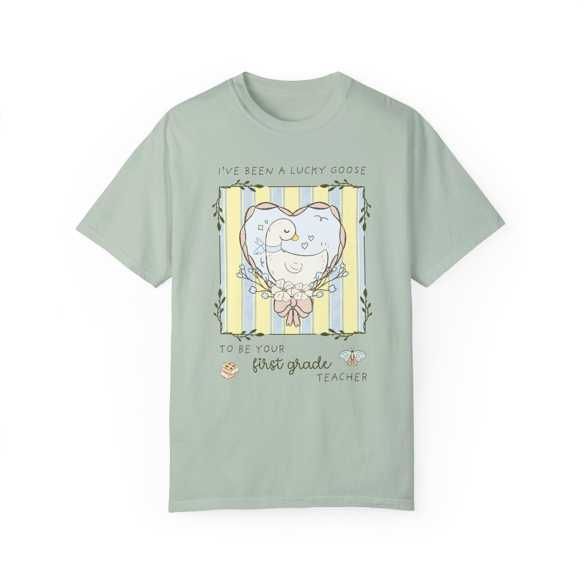 Last Day of School First Grade Teacher Tee Shirt with Silly Goose and Butterflies: Class Dismissed End of School Year Animal Lover T-Shirt - Opal and June