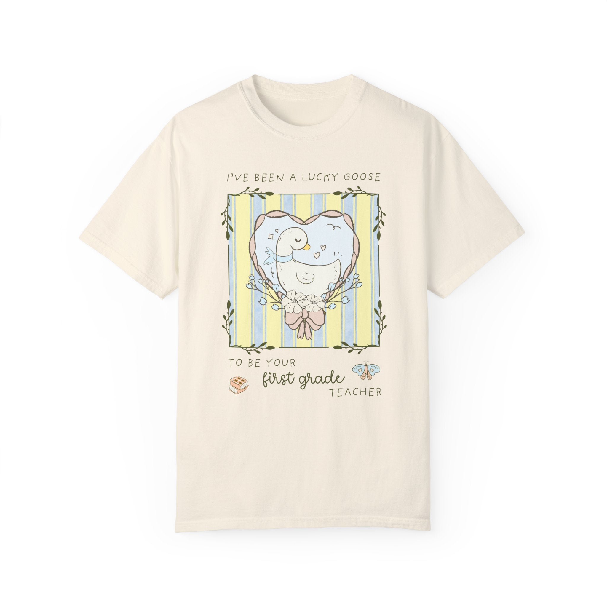 Last Day of School First Grade Teacher Tee Shirt with Silly Goose and Butterflies: Class Dismissed End of School Year Animal Lover T-Shirt - Opal and June