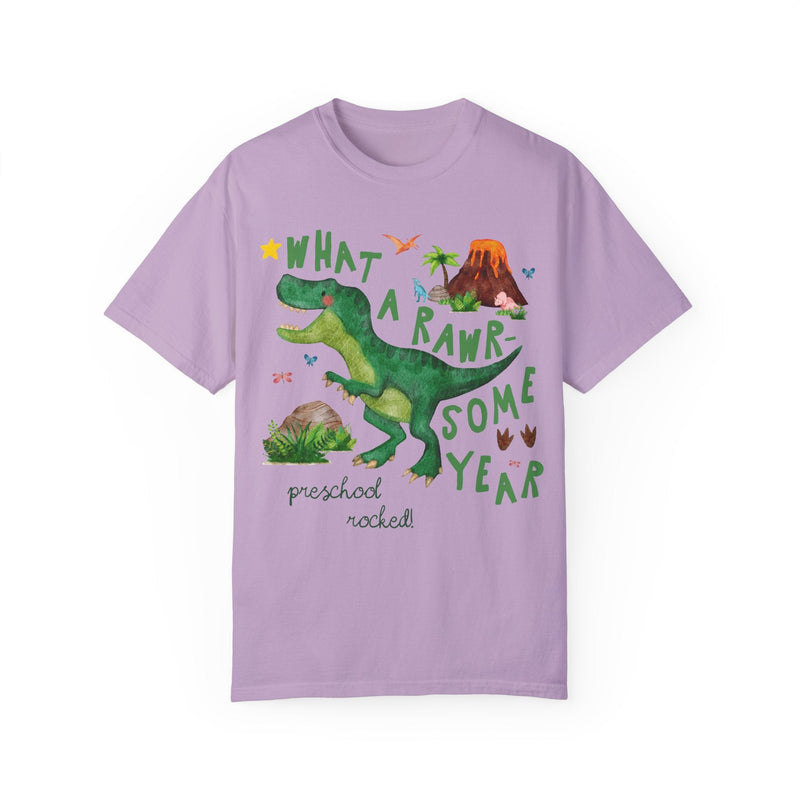 Last Day of School Preschool Teacher Tee Shirt with Dinosaur: What a Rawr - Some Year! Funny Saying Class Dismissed T-Shirt for Preschool Crew - Opal and June