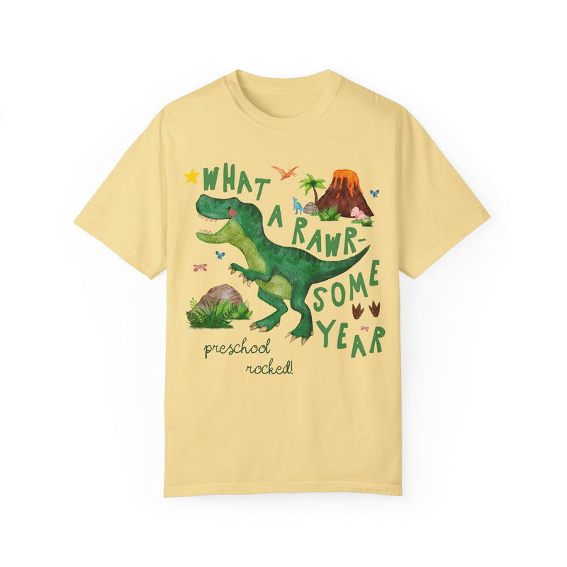 Last Day of School Preschool Teacher Tee Shirt with Dinosaur: What a Rawr - Some Year! Funny Saying Class Dismissed T-Shirt for Preschool Crew - Opal and June
