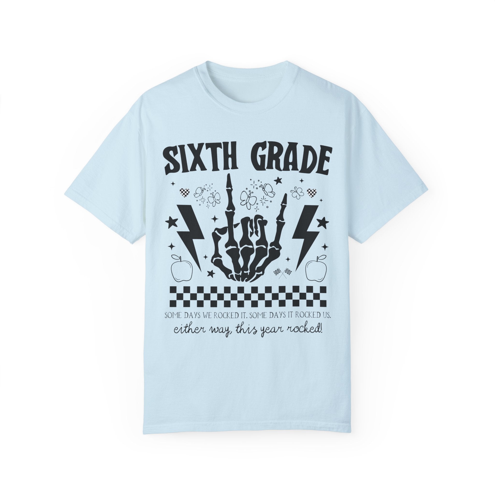 Last Day of School Sixth Grade Teacher Tee: This Year Rocked! Rocker Skeleton Shirt, Sixth Grade Crew, Teaching Assistant Class Dismissed - Opal and June