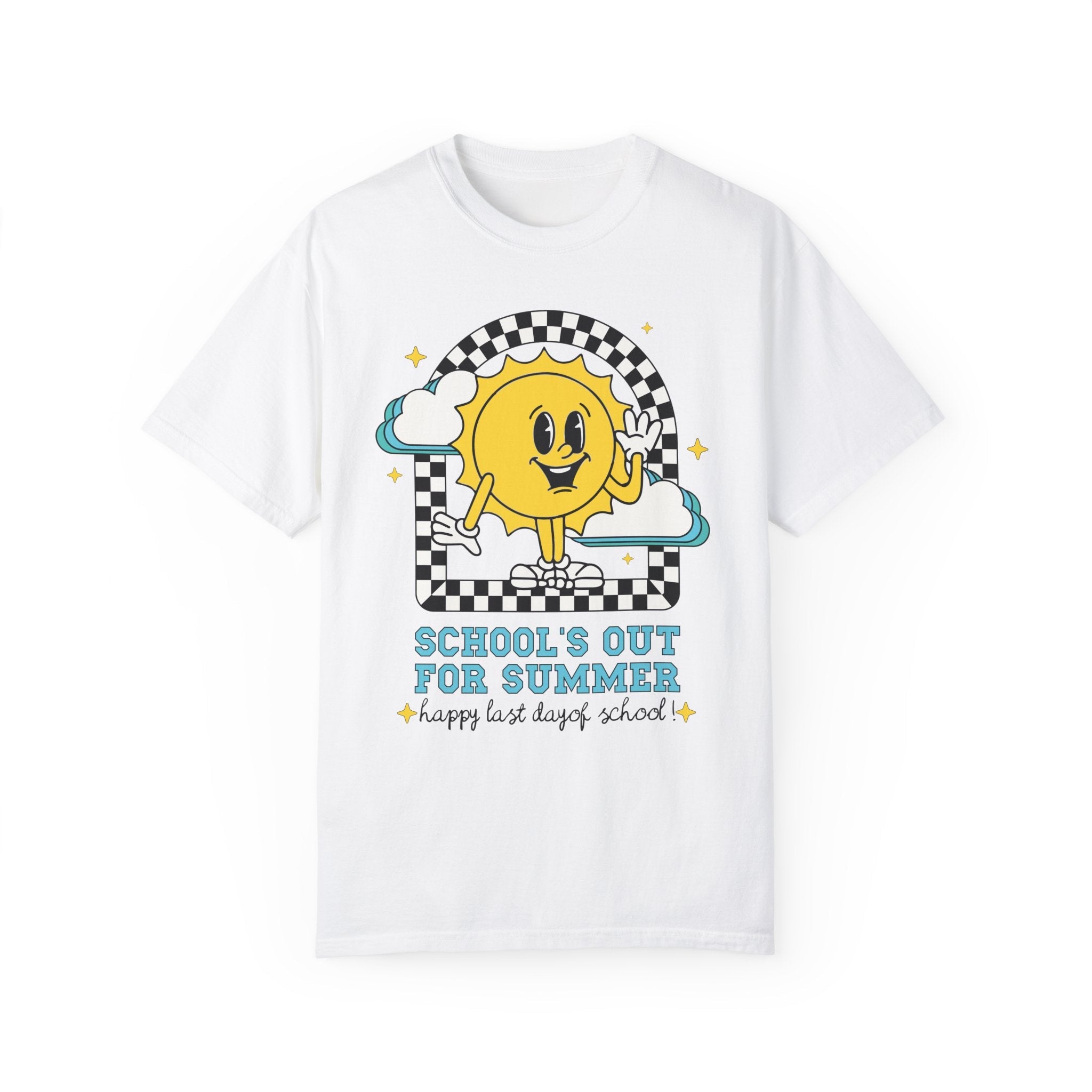 Last Day of School T-Shirt: School's Out for Summer, Cute Matching Teacher Tee, End of School Year, Groovy Retro Aesthetic Shirt with Stars - Opal and June