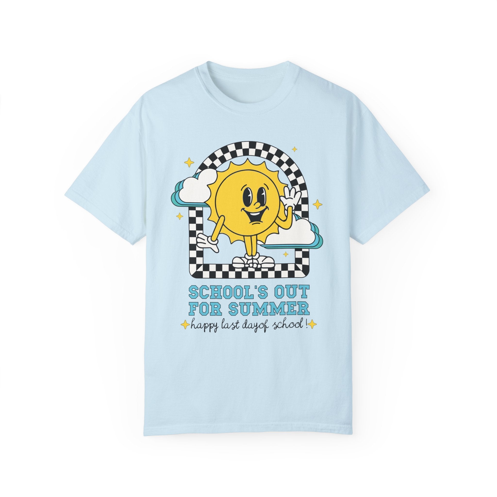 Last Day of School T-Shirt: School's Out for Summer, Cute Matching Teacher Tee, End of School Year, Groovy Retro Aesthetic Shirt with Stars - Opal and June