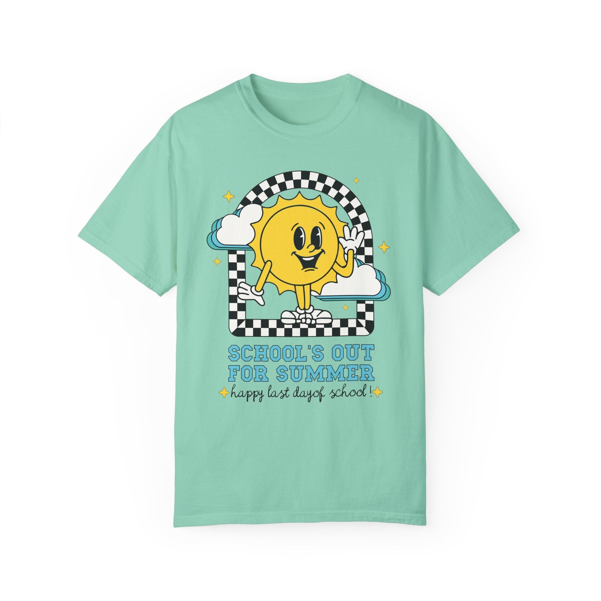 Last Day of School T-Shirt: School's Out for Summer, Cute Matching Teacher Tee, End of School Year, Groovy Retro Aesthetic Shirt with Stars - Opal and June