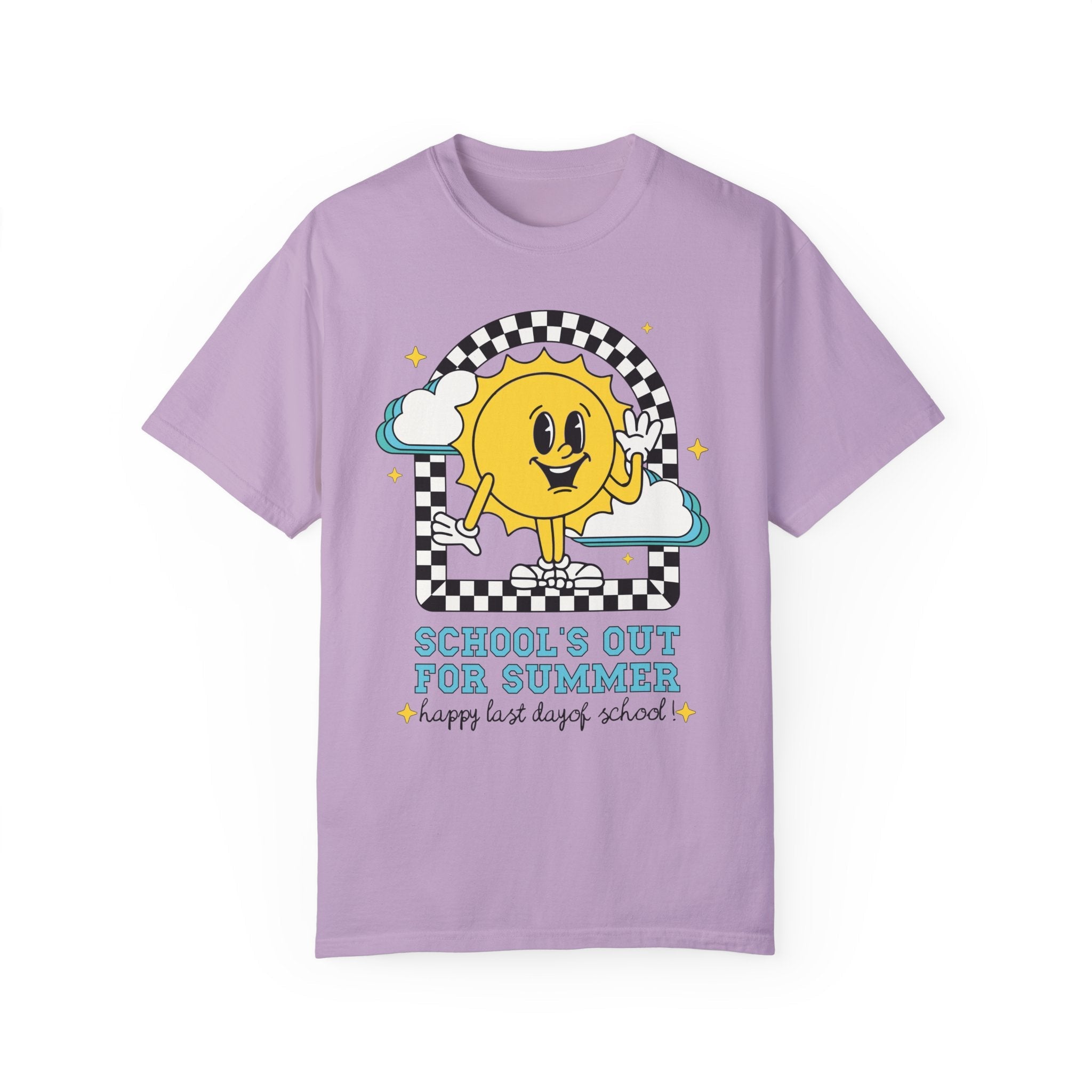 Last Day of School T-Shirt: School's Out for Summer, Cute Matching Teacher Tee, End of School Year, Groovy Retro Aesthetic Shirt with Stars - Opal and June