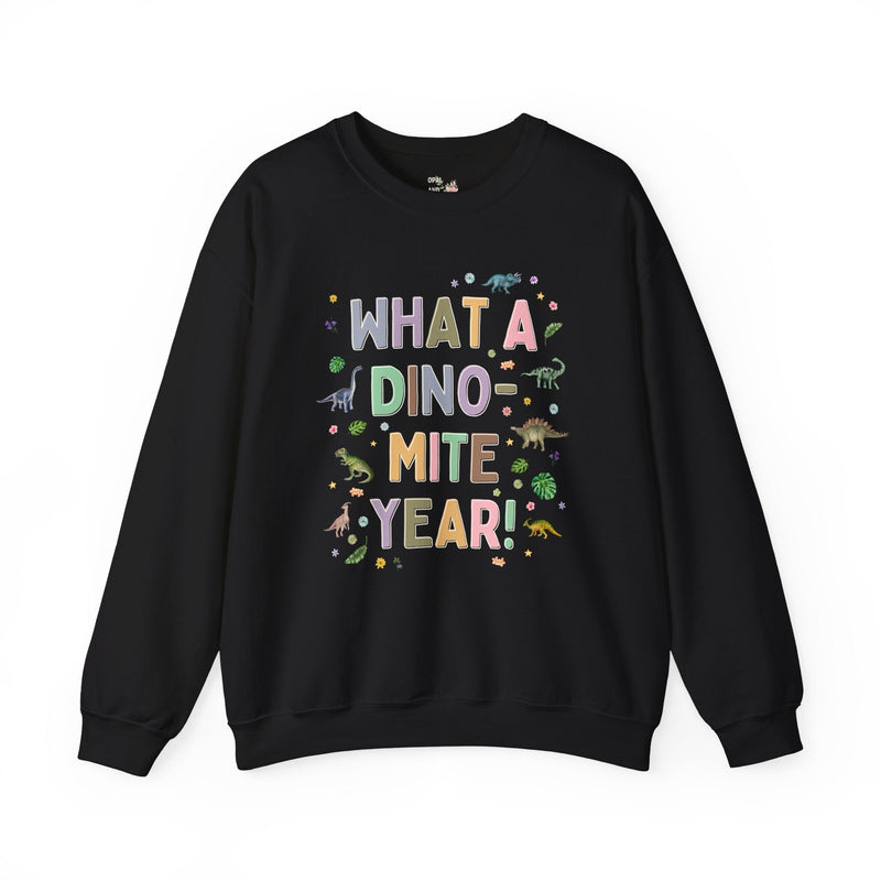 Last Day of School Teacher Sweatshirt for Kindergarten Teacher Who Loves Dinosaurs: What a Dino - mite Year! Funny Saying Dinosaur Lover Shirt - Opal and June