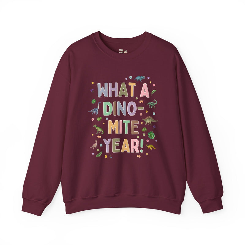 Last Day of School Teacher Sweatshirt for Kindergarten Teacher Who Loves Dinosaurs: What a Dino - mite Year! Funny Saying Dinosaur Lover Shirt - Opal and June