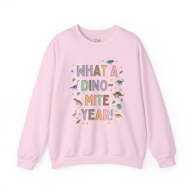 Last Day of School Teacher Sweatshirt for Kindergarten Teacher Who Loves Dinosaurs: What a Dino - mite Year! Funny Saying Dinosaur Lover Shirt - Opal and June