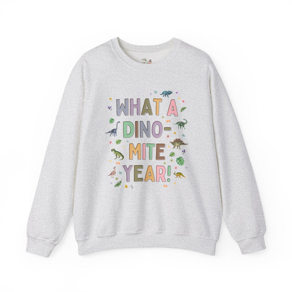 Last Day of School Teacher Sweatshirt for Kindergarten Teacher Who Loves Dinosaurs: What a Dino - mite Year! Funny Saying Dinosaur Lover Shirt - Opal and June