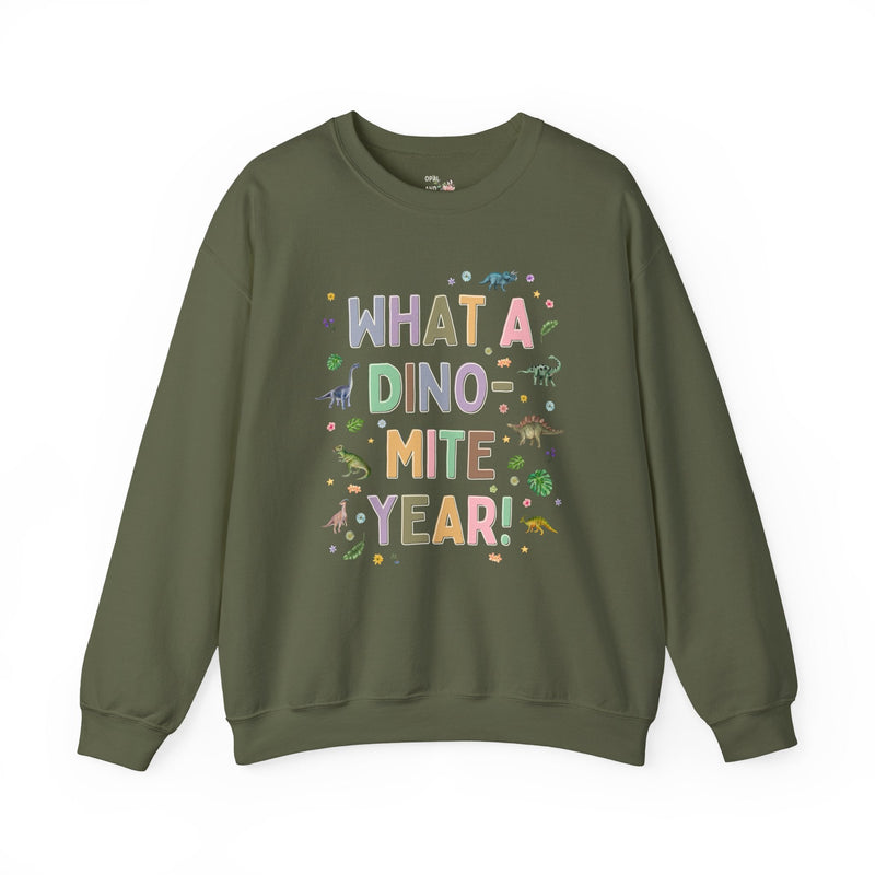 Last Day of School Teacher Sweatshirt for Kindergarten Teacher Who Loves Dinosaurs: What a Dino - mite Year! Funny Saying Dinosaur Lover Shirt - Opal and June