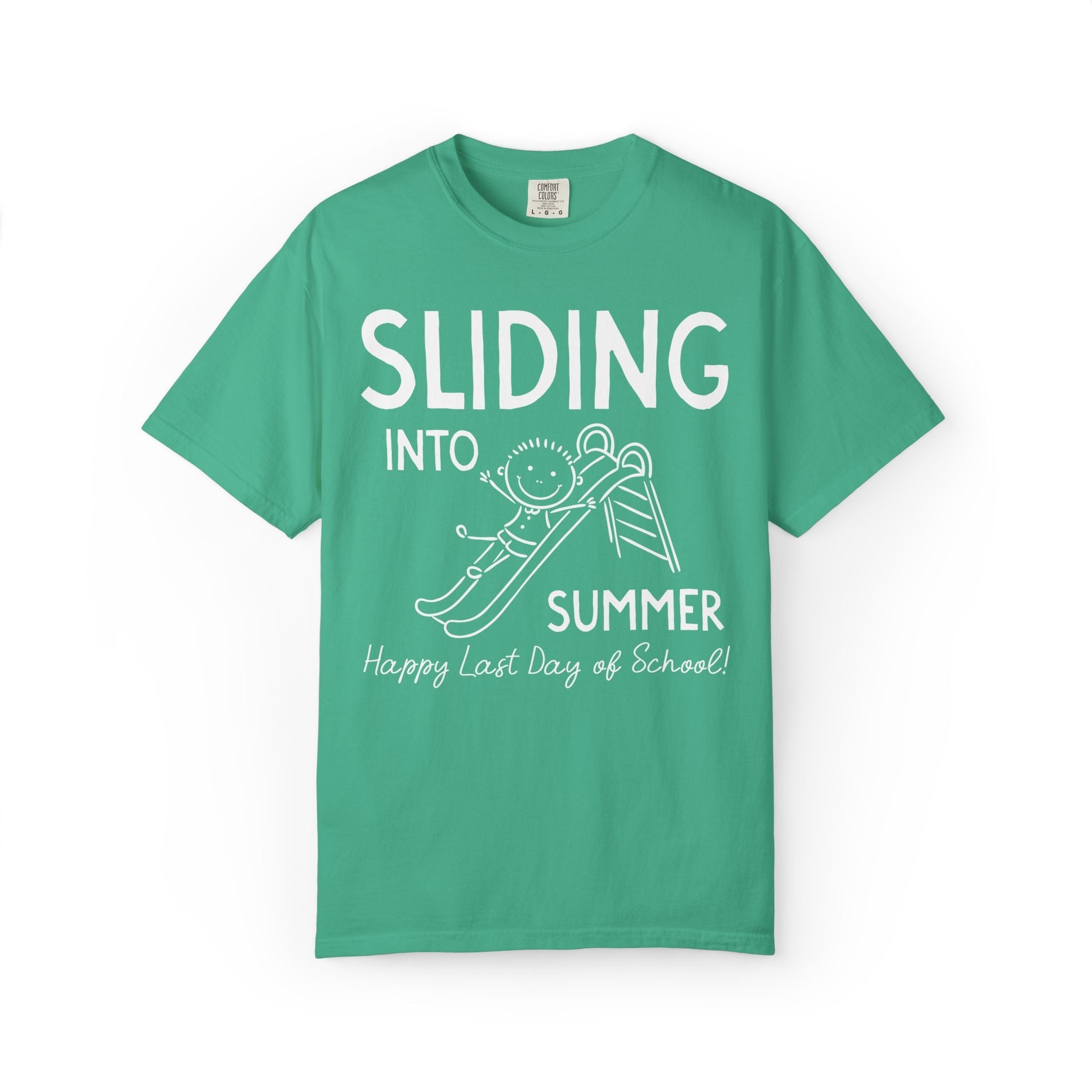 Last Day of School Teacher Tee Shirt for High School Teacher, Silly Middle School Teacher End of School Year Tee: Sliding Into Summer - Opal and June
