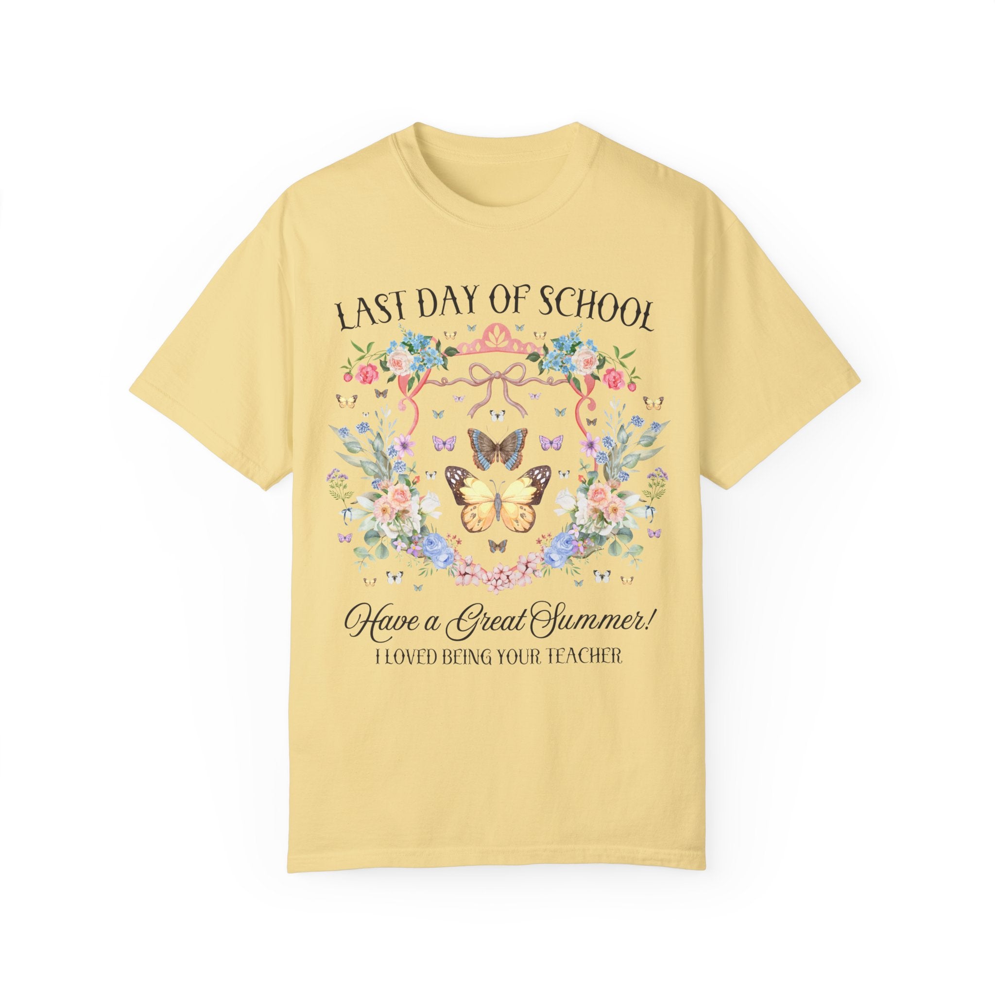 Last Day of School Teacher Tee Shirt: Have a Great Summer! Cute Second Grade or Third Grade Teacher T-Shirt with Butterflies and Flowers - Opal and June