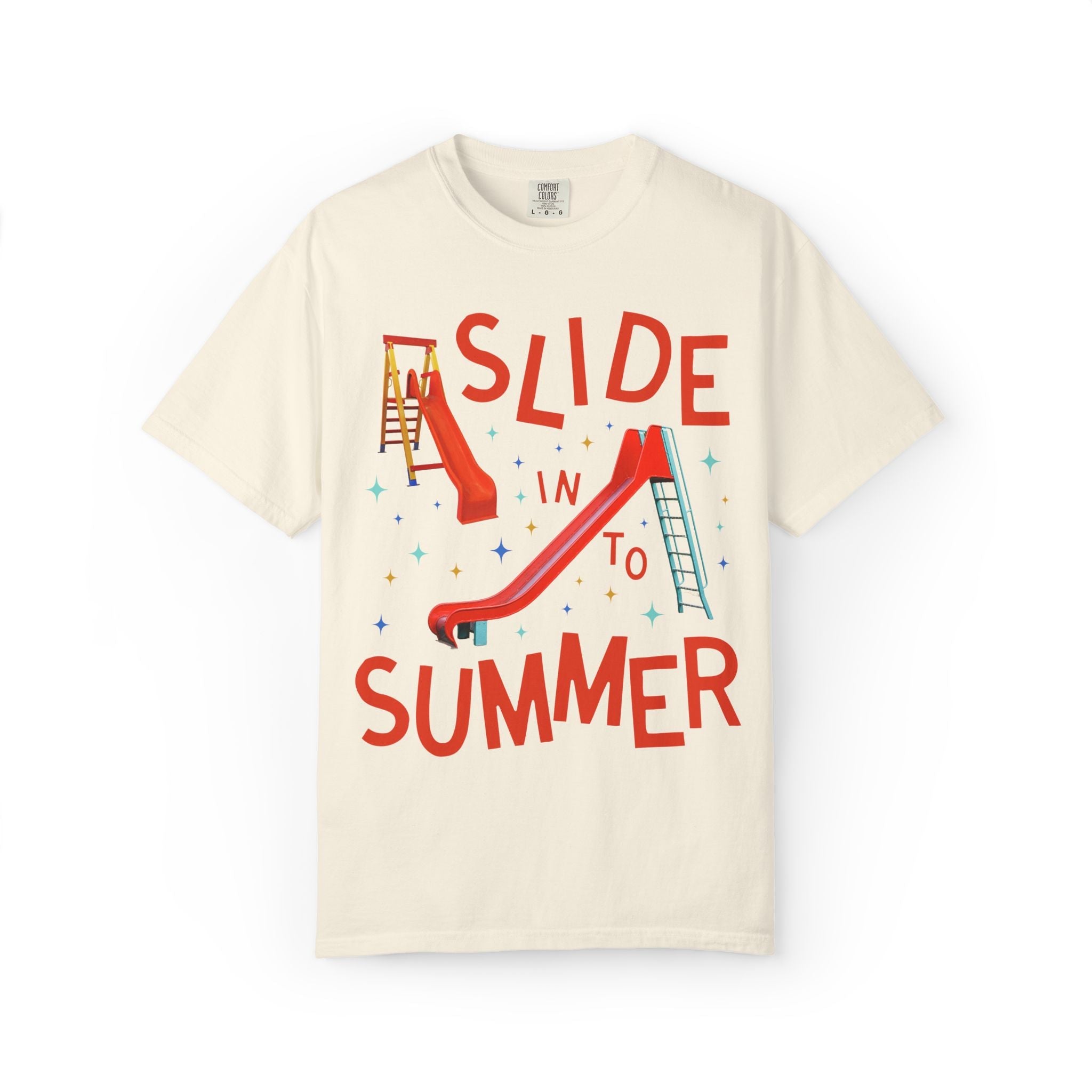 Last Day of School Teacher Tee Shirt: Slide Into Summer | Funny Colorful Maximalist 90s Aesthetic End of School Year T-Shirt with Slides - Opal and June