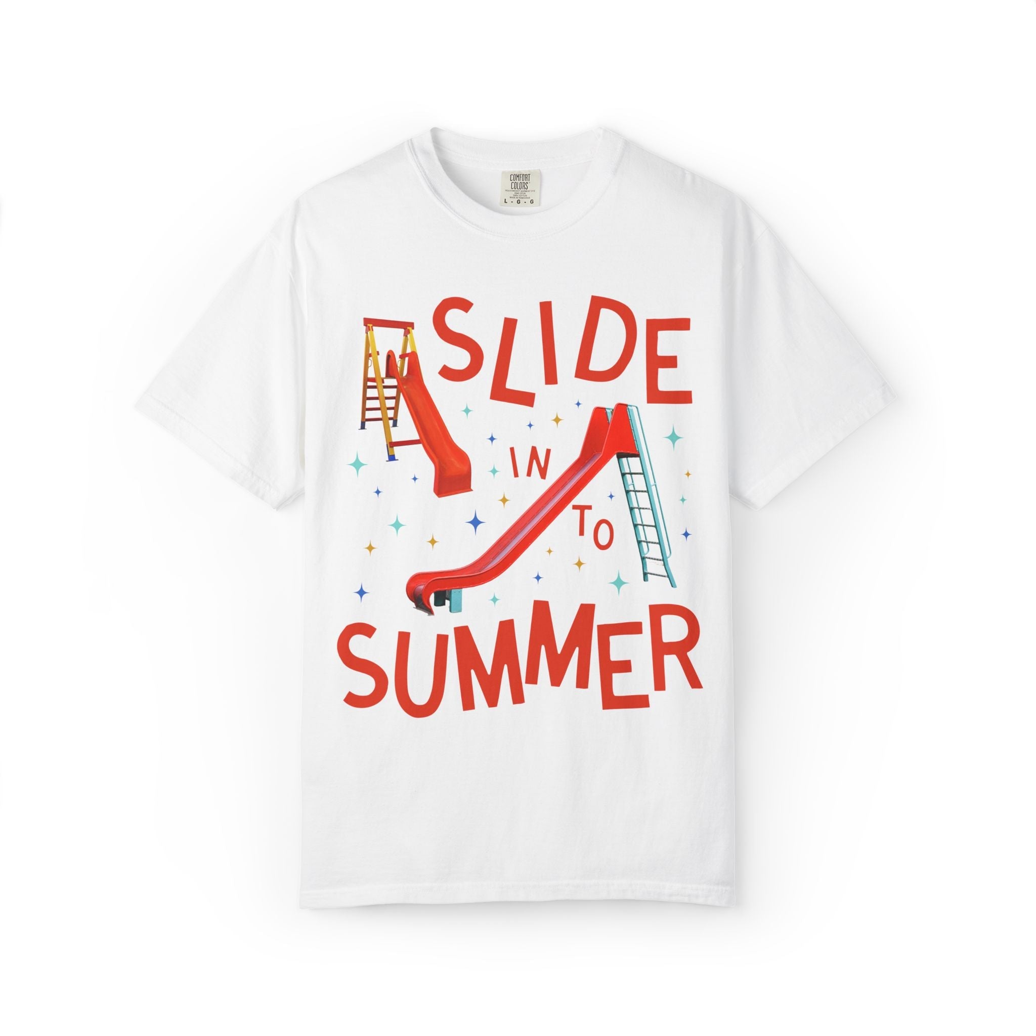 Last Day of School Teacher Tee Shirt: Slide Into Summer | Funny Colorful Maximalist 90s Aesthetic End of School Year T-Shirt with Slides - Opal and June