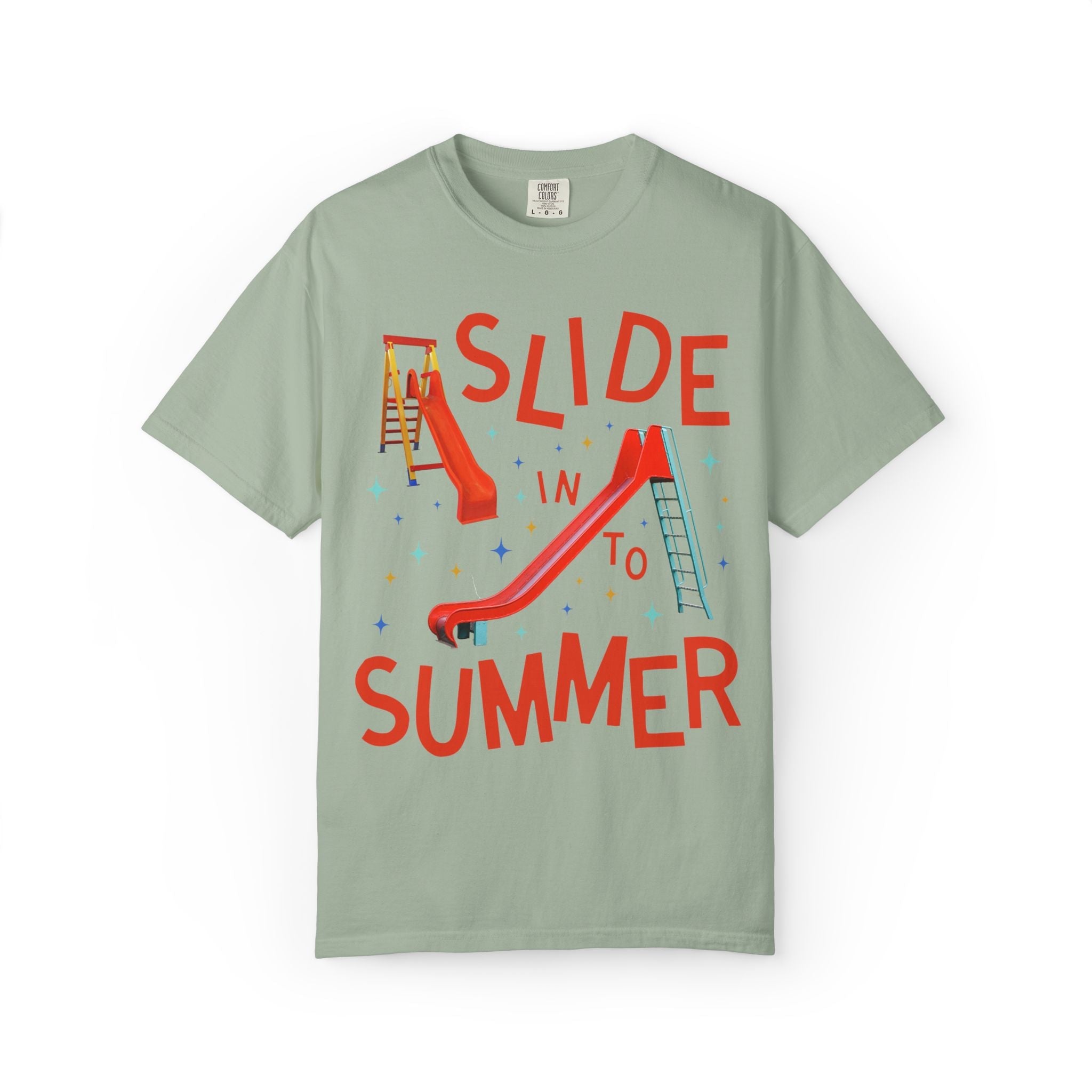 Last Day of School Teacher Tee Shirt: Slide Into Summer | Funny Colorful Maximalist 90s Aesthetic End of School Year T-Shirt with Slides - Opal and June