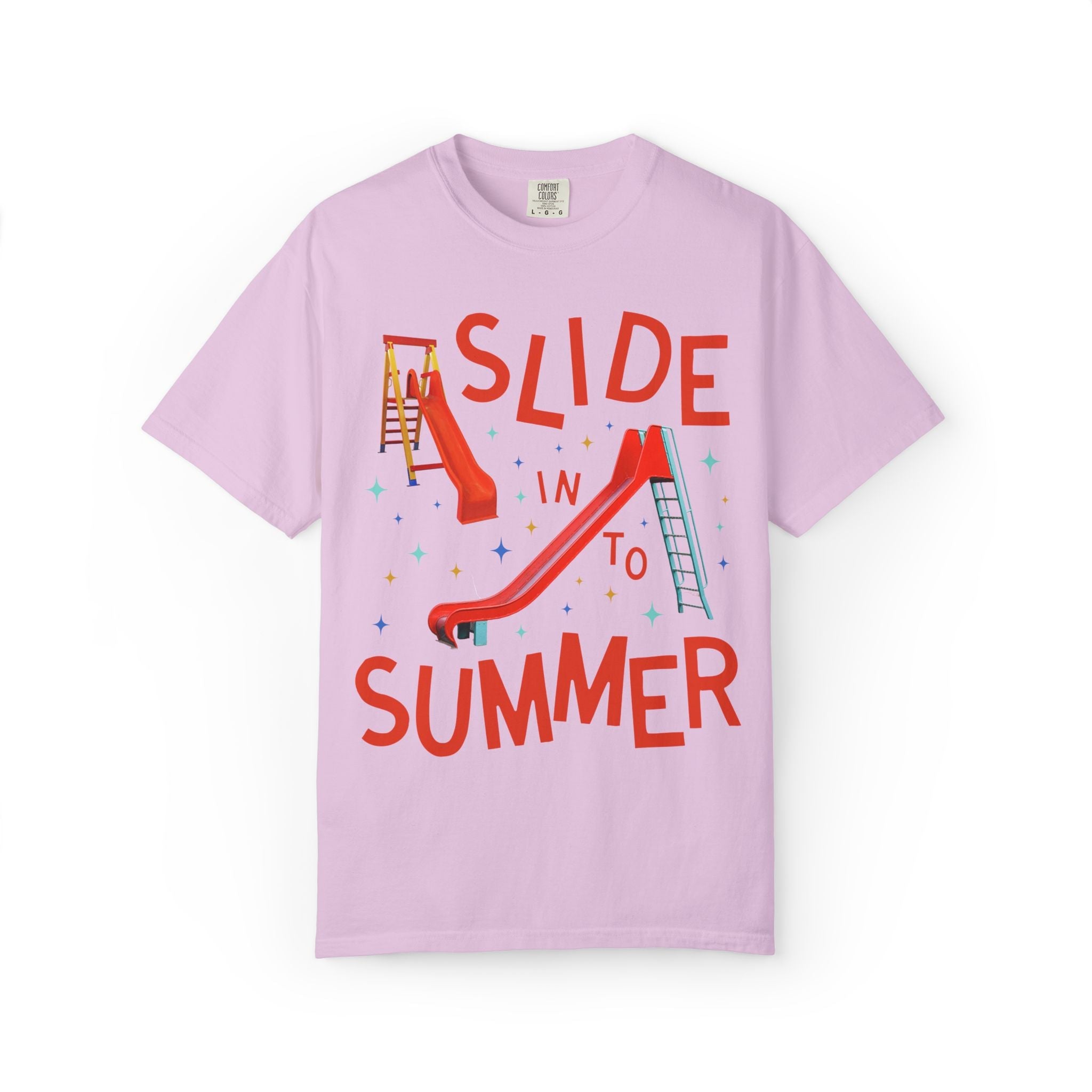 Last Day of School Teacher Tee Shirt: Slide Into Summer | Funny Colorful Maximalist 90s Aesthetic End of School Year T-Shirt with Slides - Opal and June