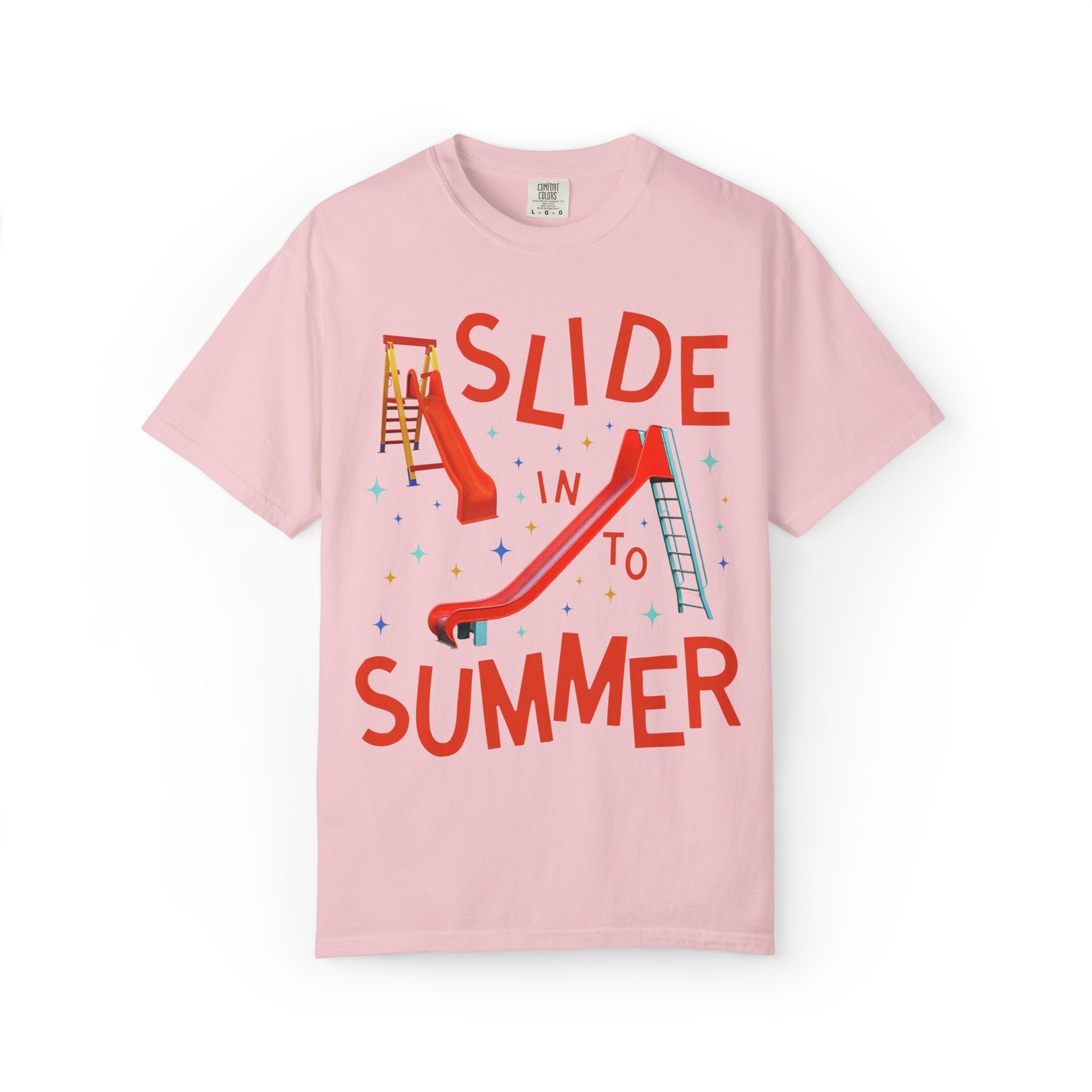 Last Day of School Teacher Tee Shirt: Slide Into Summer | Funny Colorful Maximalist 90s Aesthetic End of School Year T-Shirt with Slides - Opal and June