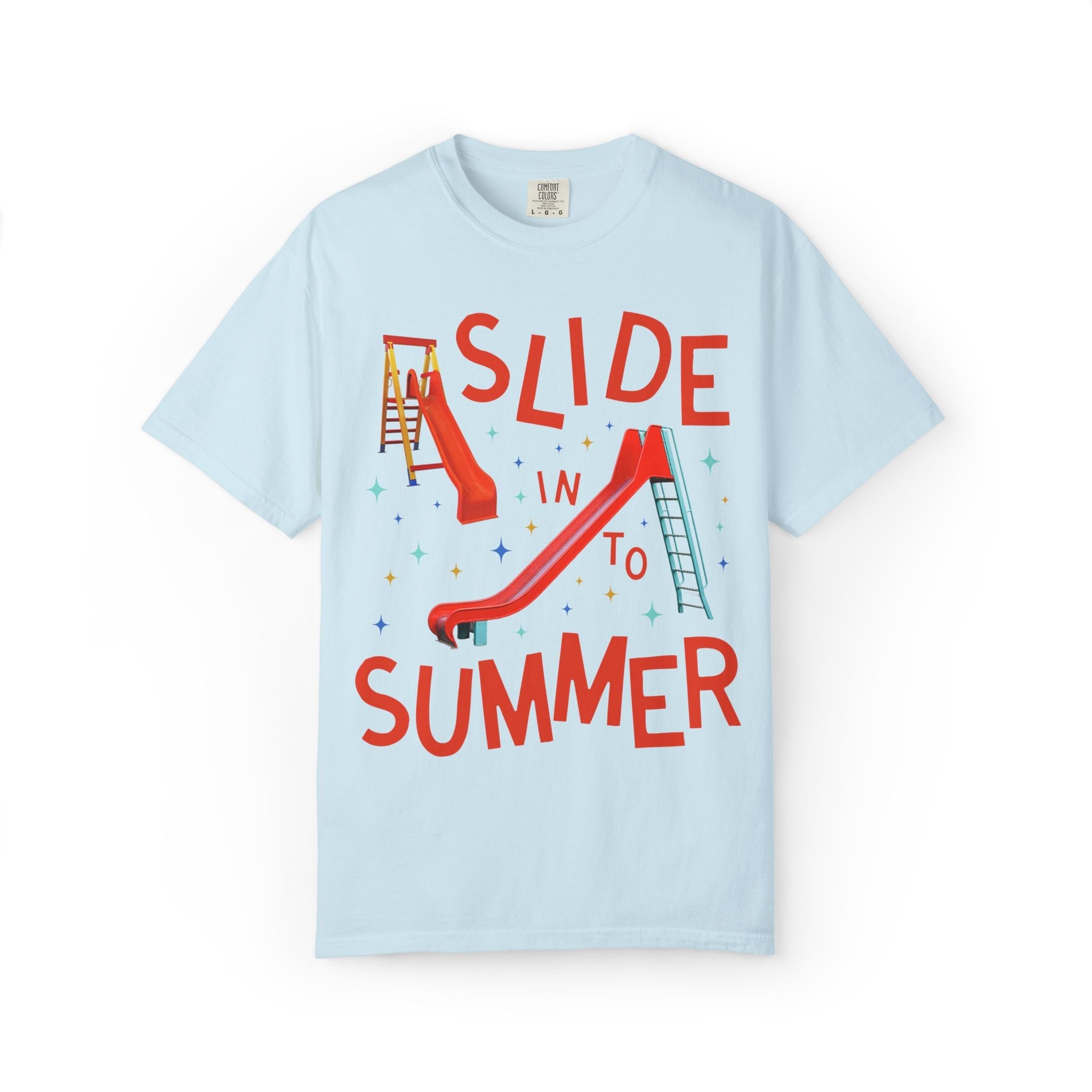 Last Day of School Teacher Tee Shirt: Slide Into Summer | Funny Colorful Maximalist 90s Aesthetic End of School Year T-Shirt with Slides - Opal and June