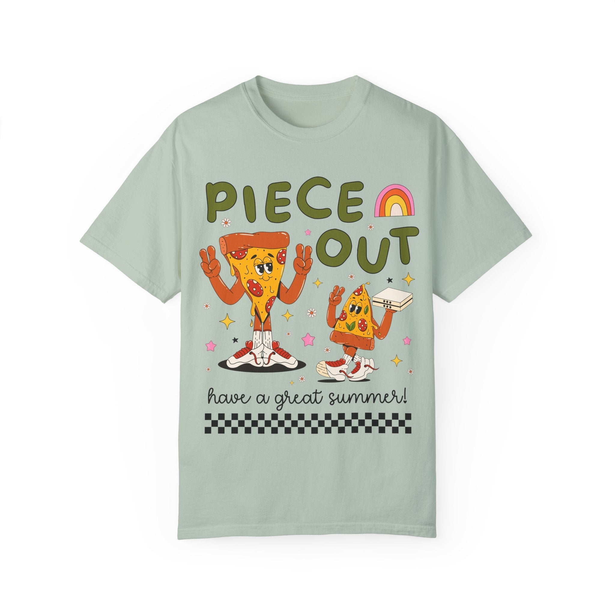 Last Day of School Teacher Tee Shit with Cute Pizza Slices Doing Peace Signs: Piece Out, Funny Saying End of School T-Shirt, Class Dismissed - Opal and June