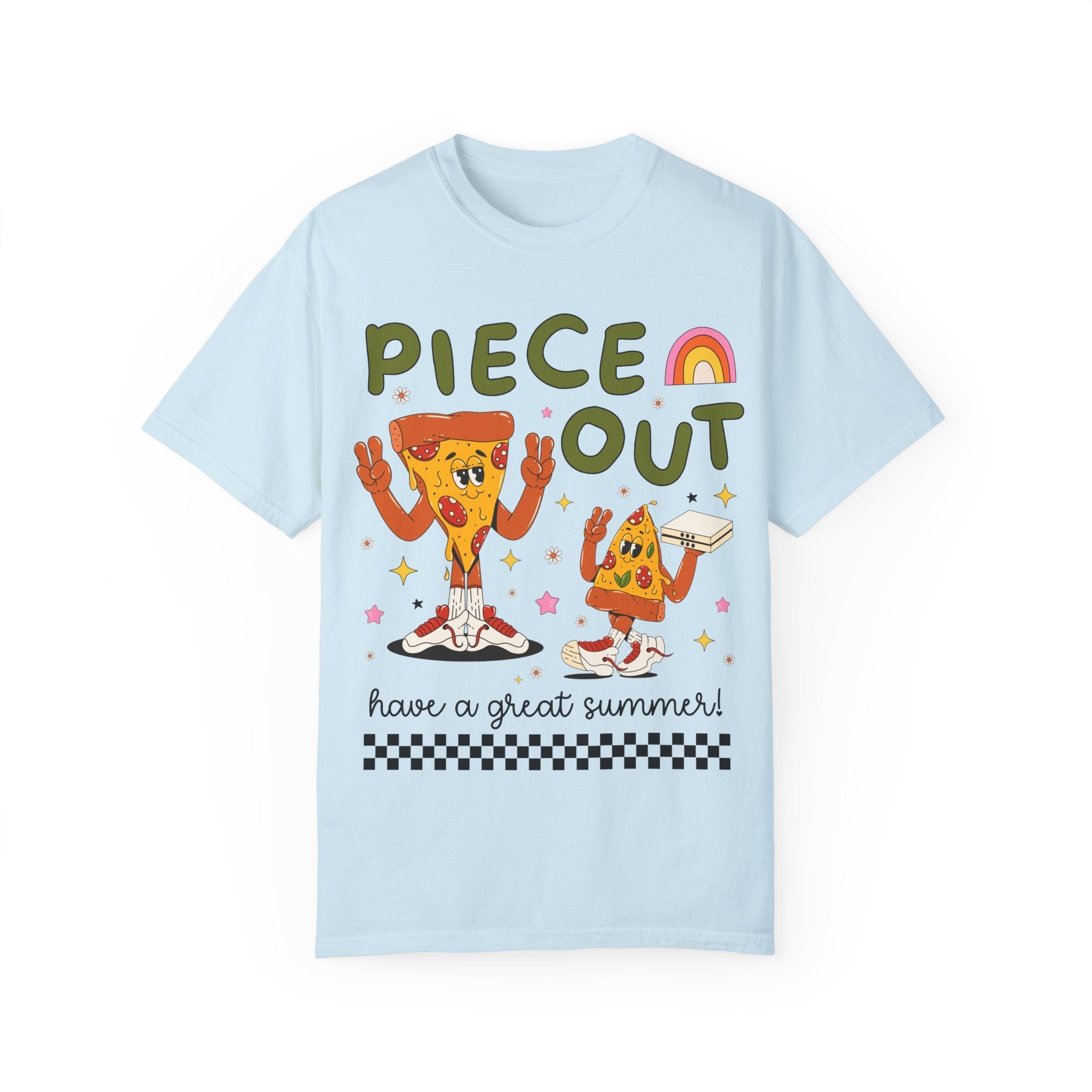 Last Day of School Teacher Tee Shit with Cute Pizza Slices Doing Peace Signs: Piece Out, Funny Saying End of School T-Shirt, Class Dismissed - Opal and June