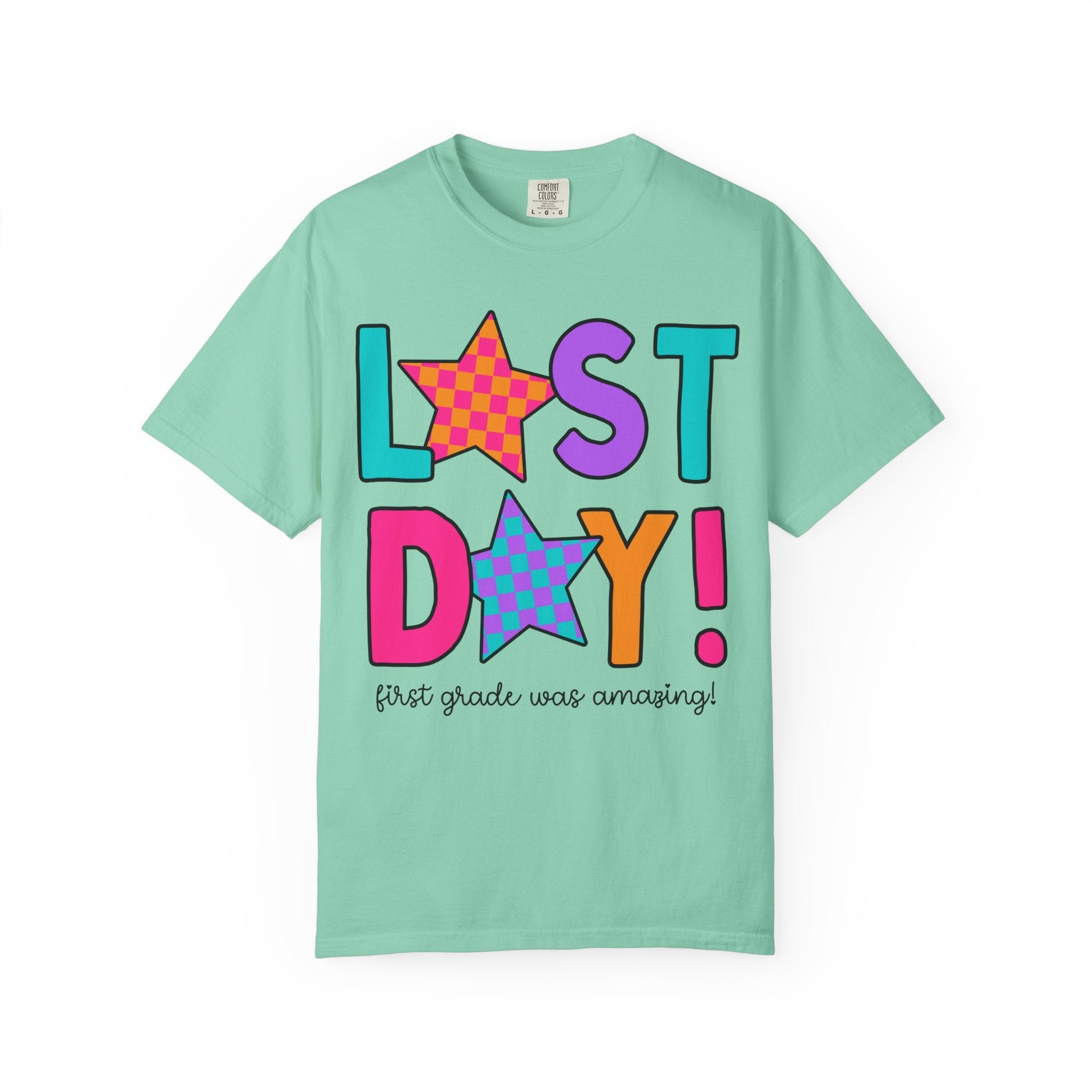 Last Day of School Tee Shirt with Stars, End of the School Year T-Shirt for First Grade Crew, Cute Hello Summer Teacher Appreciation Gift - Opal and June
