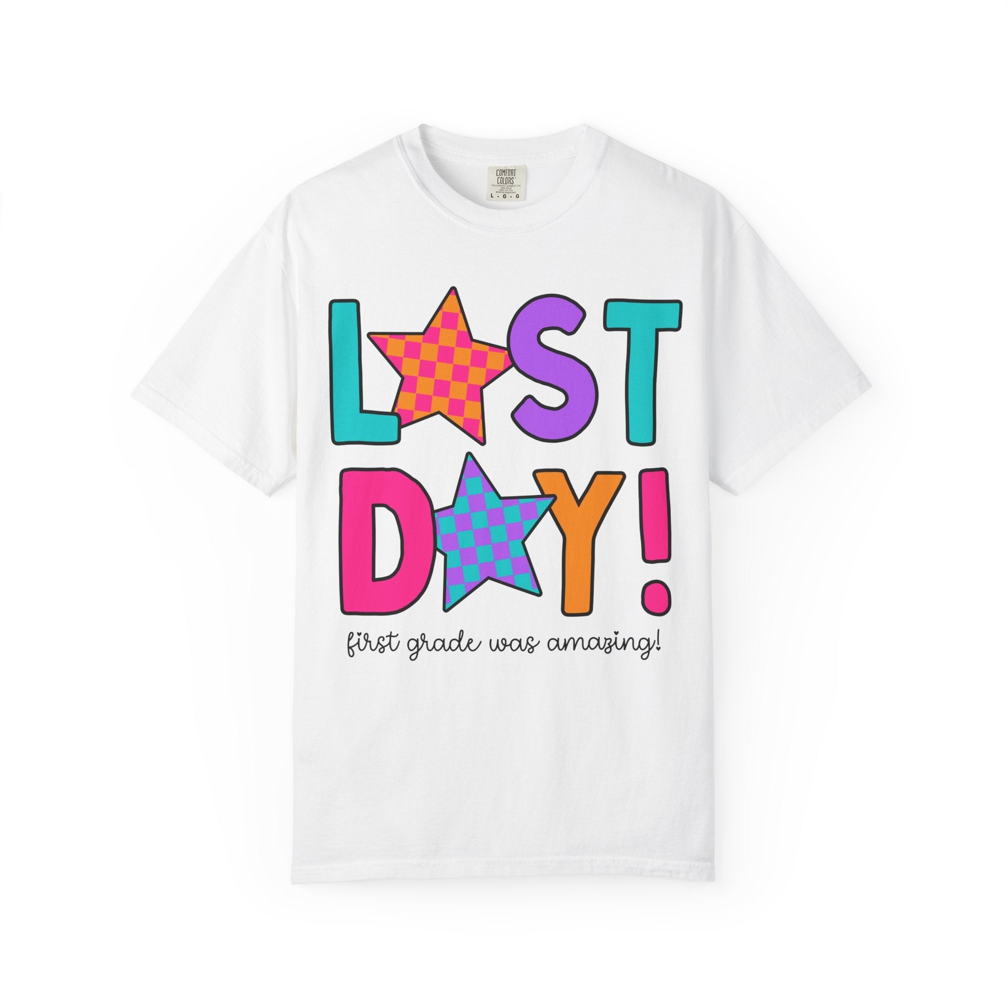 Last Day of School Tee Shirt with Stars, End of the School Year T-Shirt for First Grade Crew, Cute Hello Summer Teacher Appreciation Gift - Opal and June