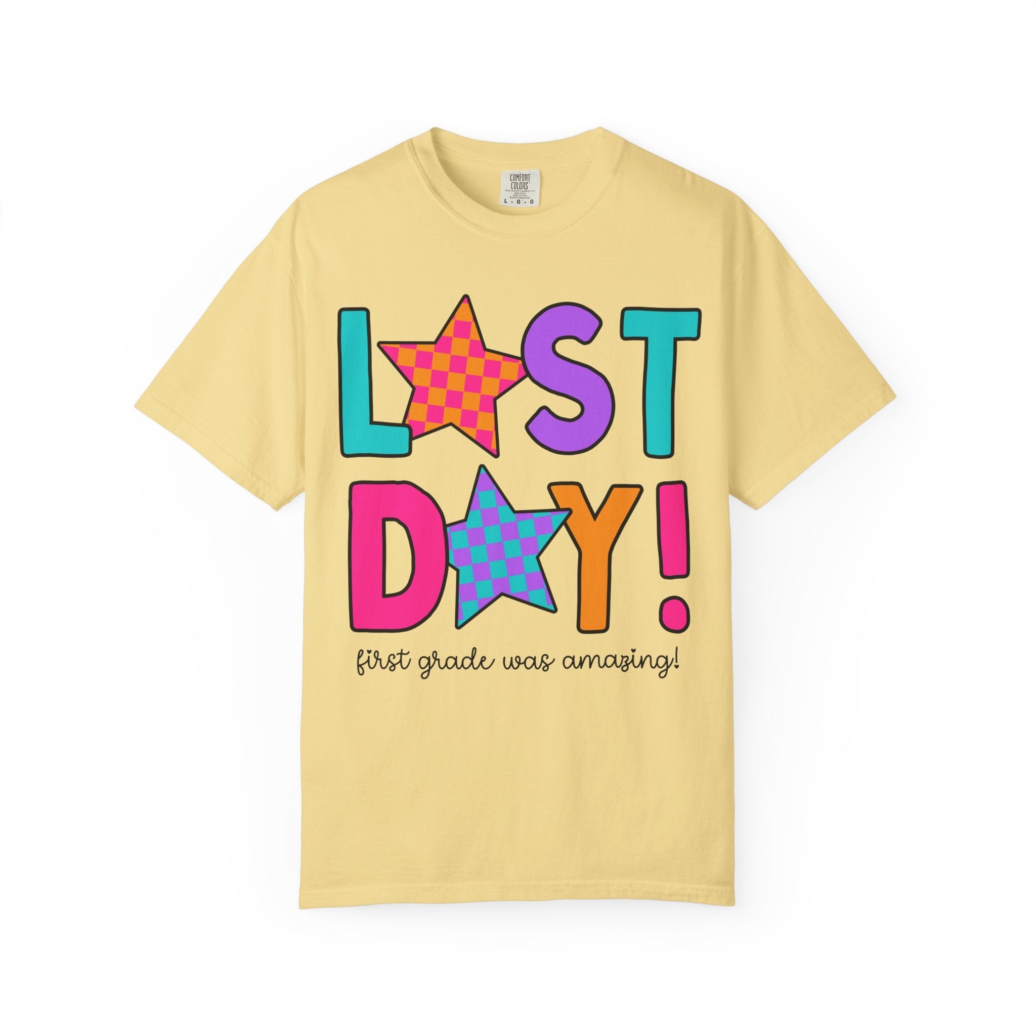 Last Day of School Tee Shirt with Stars, End of the School Year T-Shirt for First Grade Crew, Cute Hello Summer Teacher Appreciation Gift - Opal and June