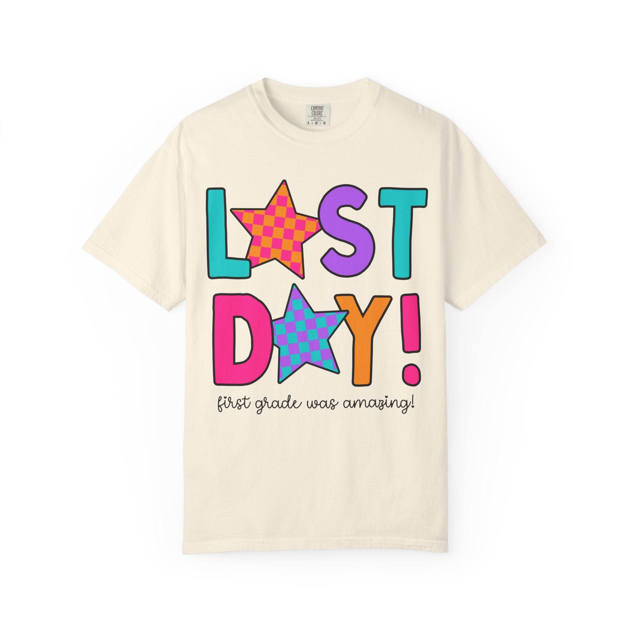 Last Day of School Tee Shirt with Stars, End of the School Year T-Shirt for First Grade Crew, Cute Hello Summer Teacher Appreciation Gift - Opal and June