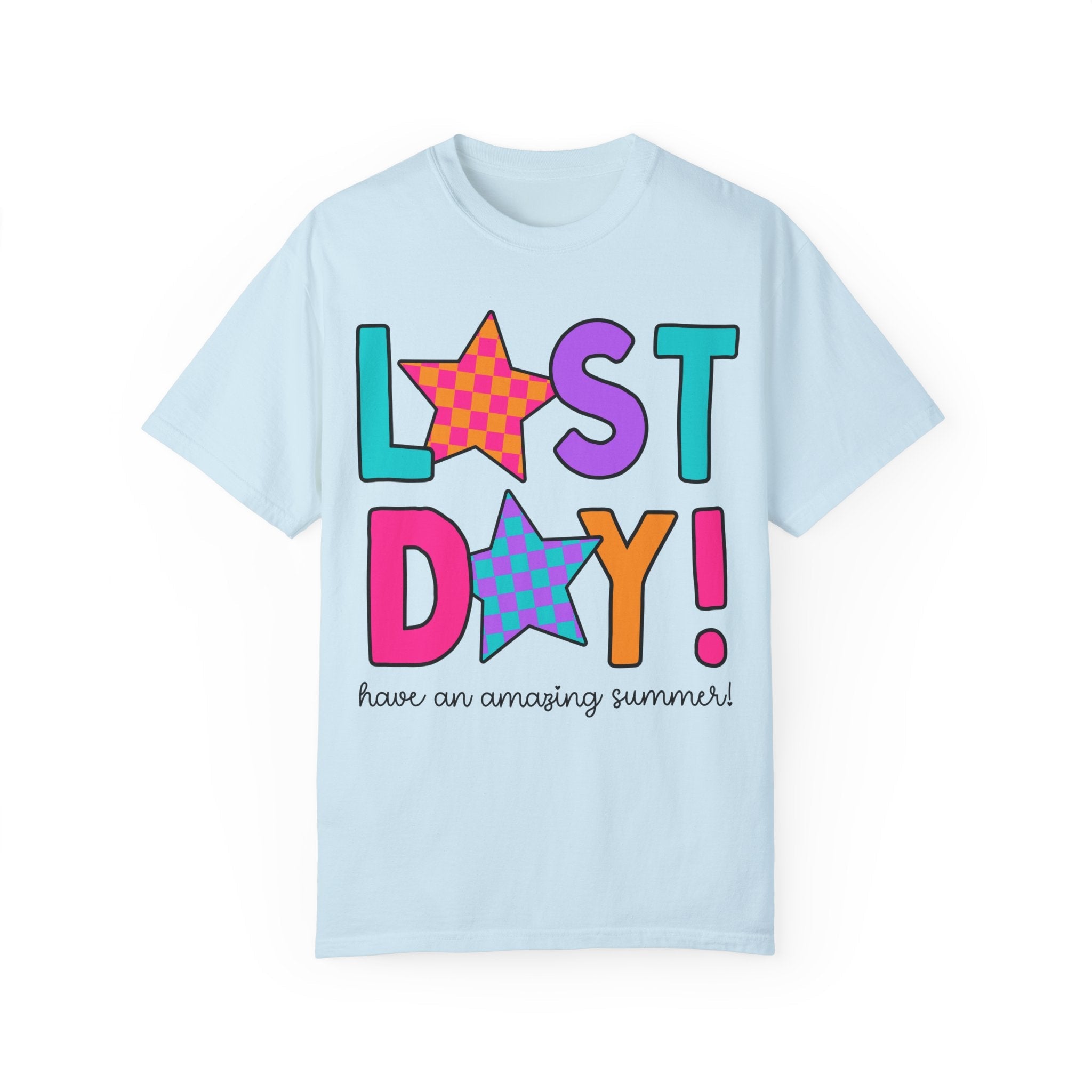 Last Day of School Tee Shirt with Stars, End of the School Year T-Shirt for School Office Staff, Cute Hello Summer Teacher Appreciation Gift - Opal and June