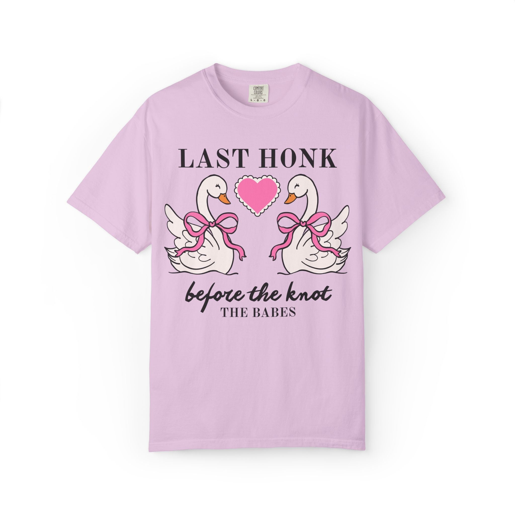 Last Honk Before the Knot: Cute Animal Lover Bachelorette Party Matching T-Shirt with Swans, Matching Bridal Party Shirt with Heart and Bows - Opal and June
