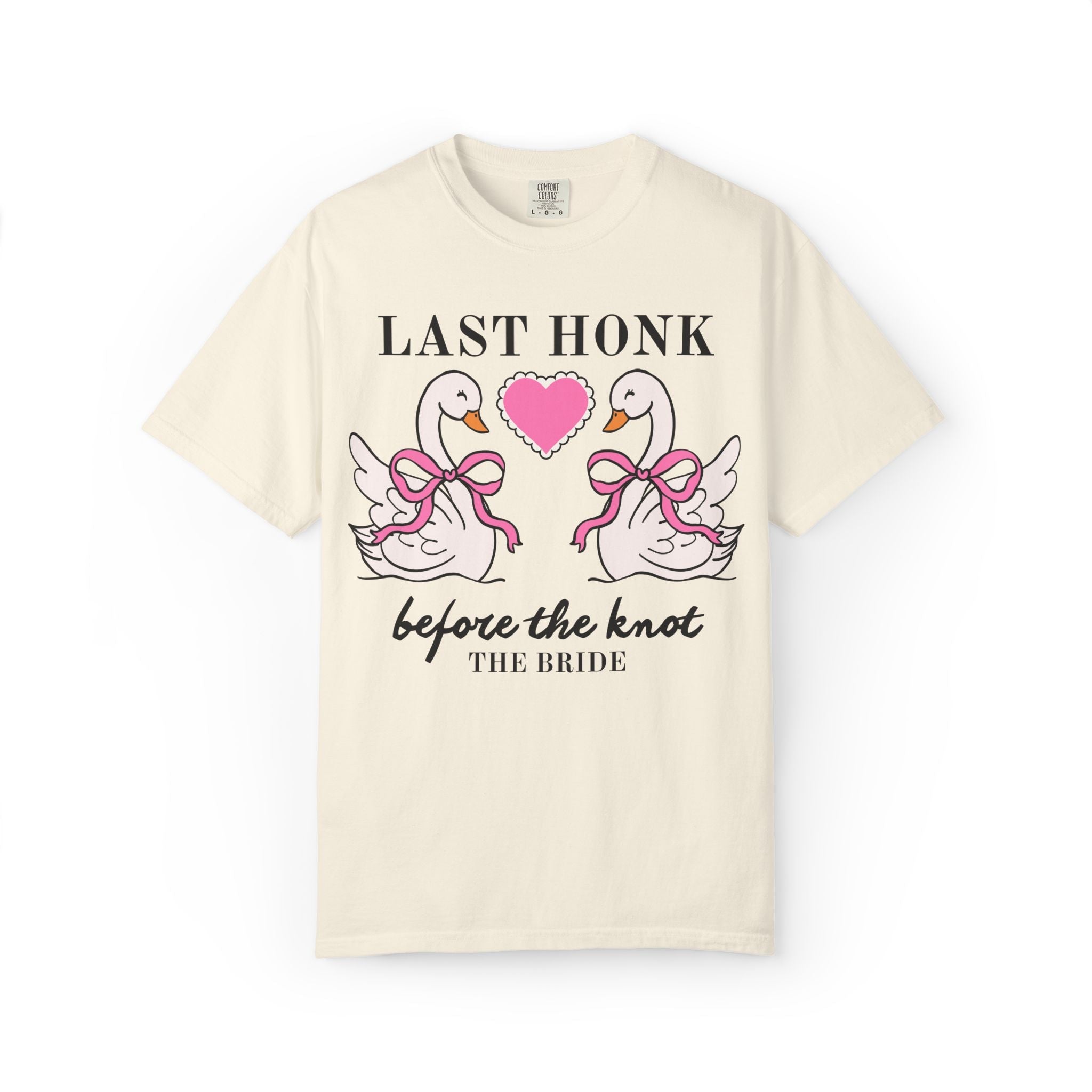 Last Honk Before the Knot: Cute Animal Lover Bachelorette Party Matching T-Shirt with Swans, Matching Bridal Party Shirt with Heart and Bows - Opal and June