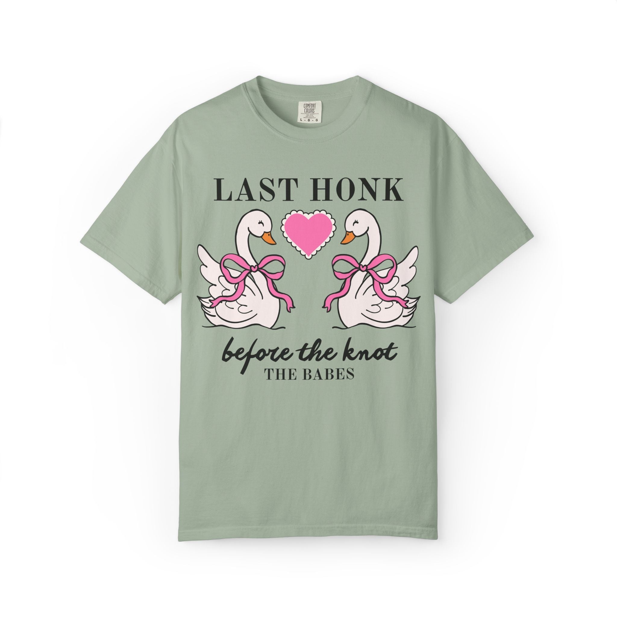 Last Honk Before the Knot: Cute Animal Lover Bachelorette Party Matching T-Shirt with Swans, Matching Bridal Party Shirt with Heart and Bows - Opal and June