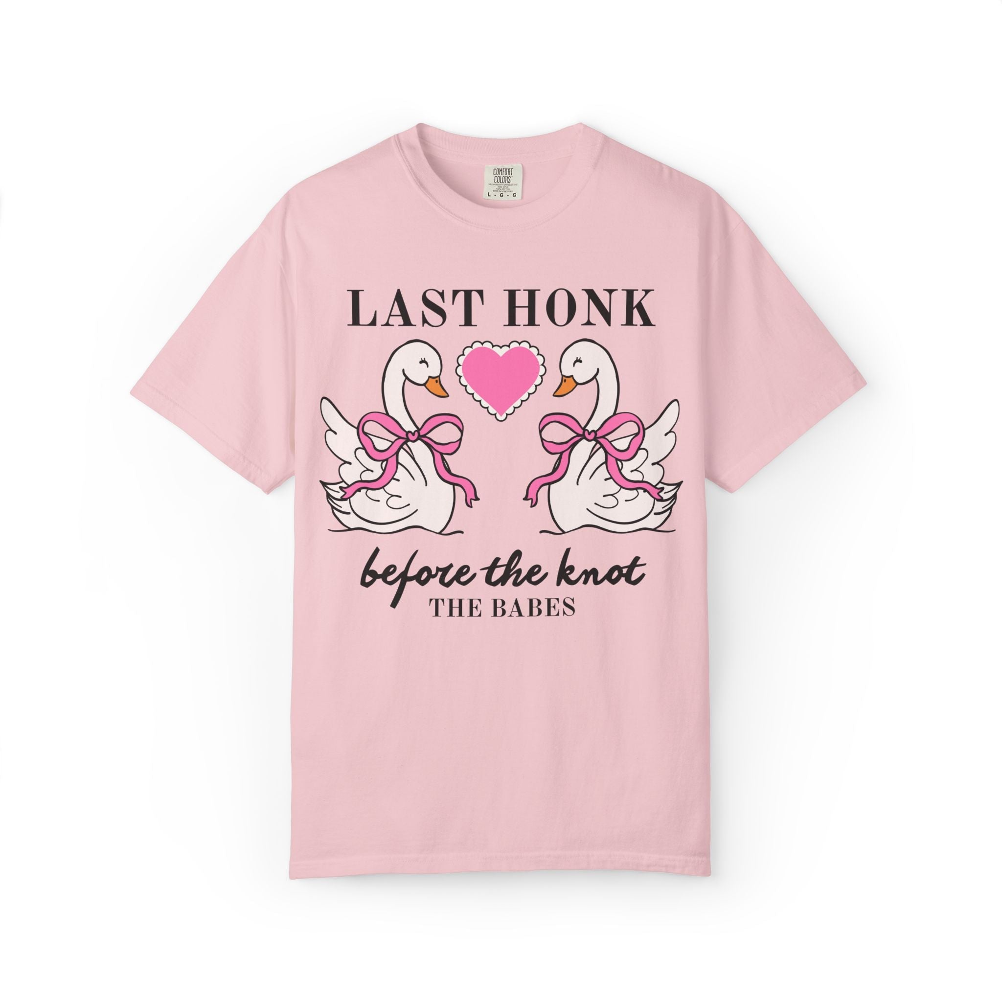 Last Honk Before the Knot: Cute Animal Lover Bachelorette Party Matching T-Shirt with Swans, Matching Bridal Party Shirt with Heart and Bows - Opal and June