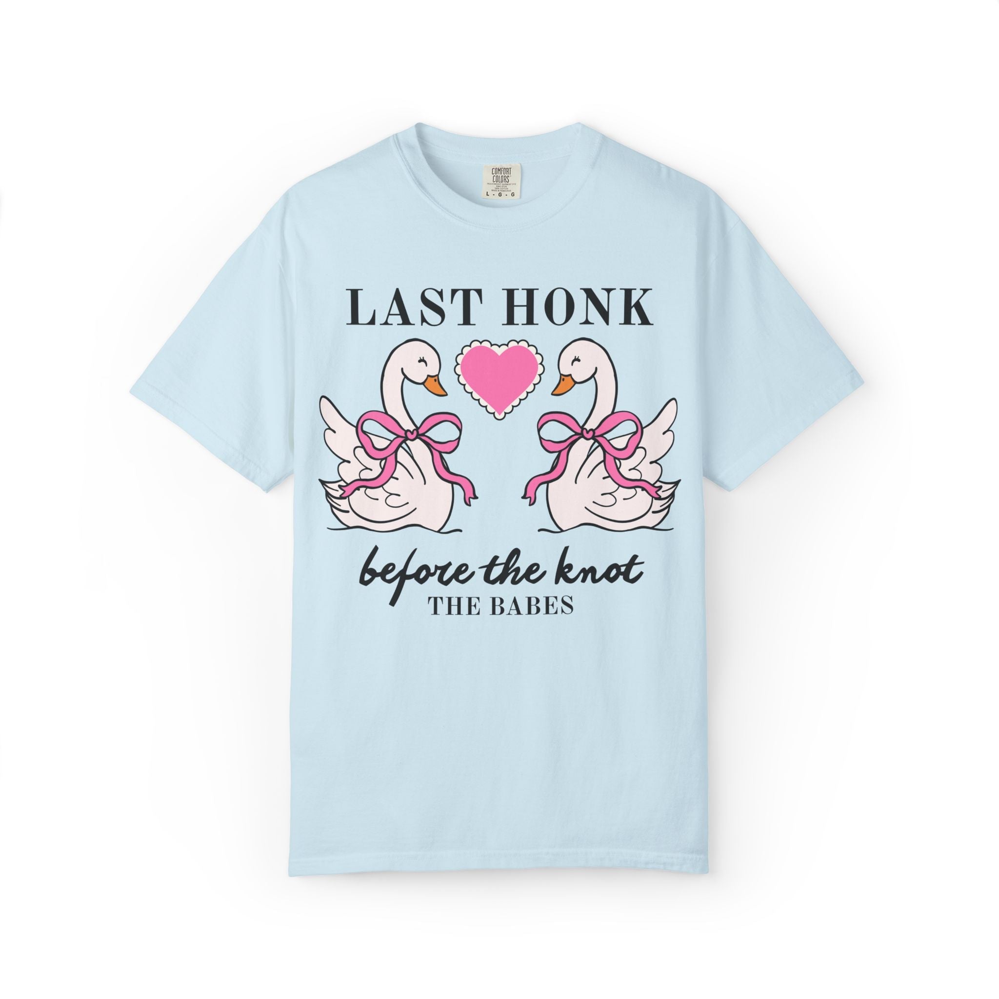 Last Honk Before the Knot: Cute Animal Lover Bachelorette Party Matching T-Shirt with Swans, Matching Bridal Party Shirt with Heart and Bows - Opal and June