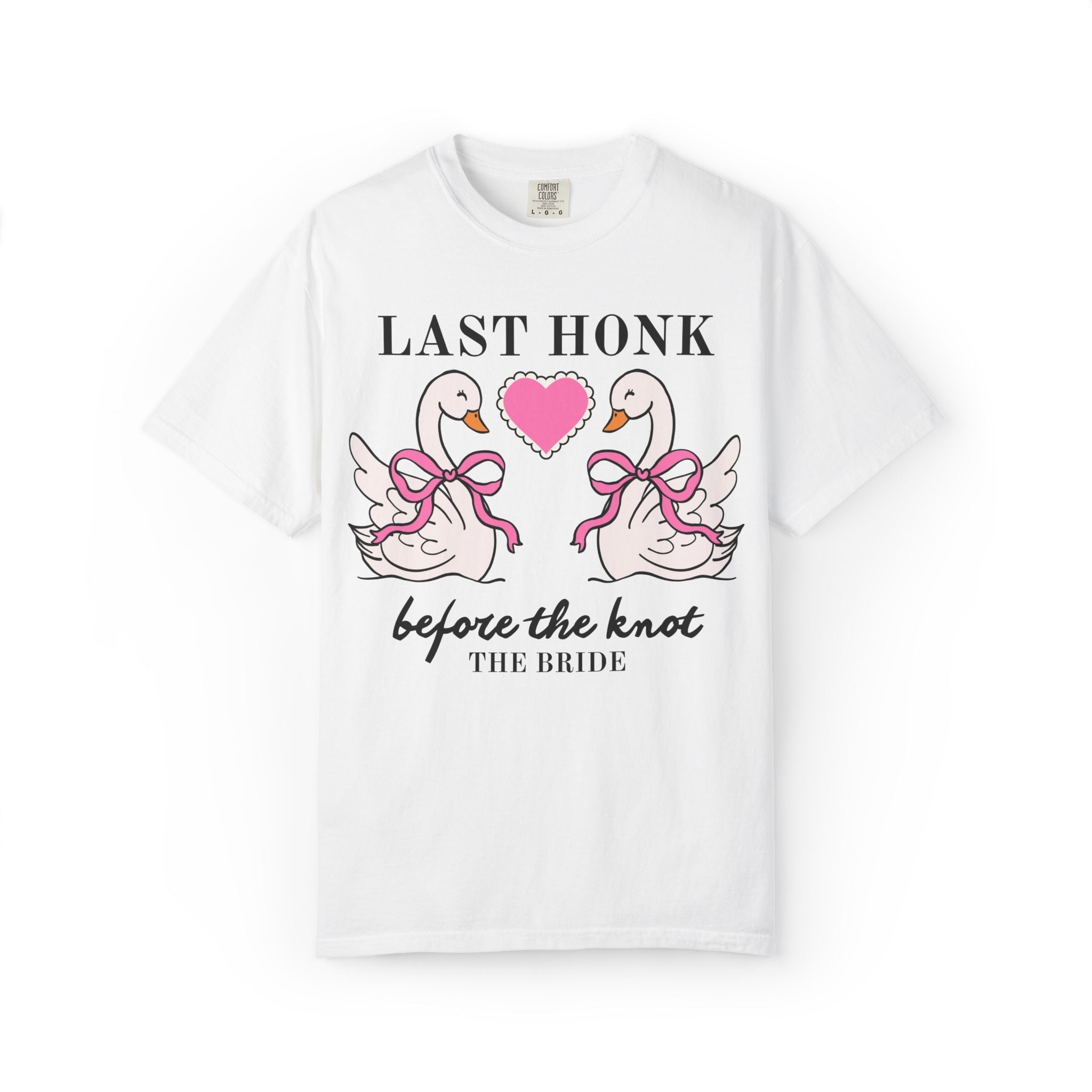 Last Honk Before the Knot: Cute Animal Lover Bachelorette Party Matching T-Shirt with Swans, Matching Bridal Party Shirt with Heart and Bows - Opal and June