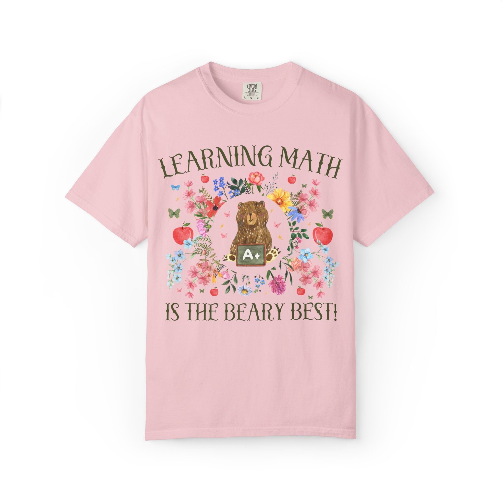 Learning Math is The Beary Best Matching Teacher T-Shirt with Flowers and Cute Cottagecore Bear, Back to School Goblincore Tee - Opal and June