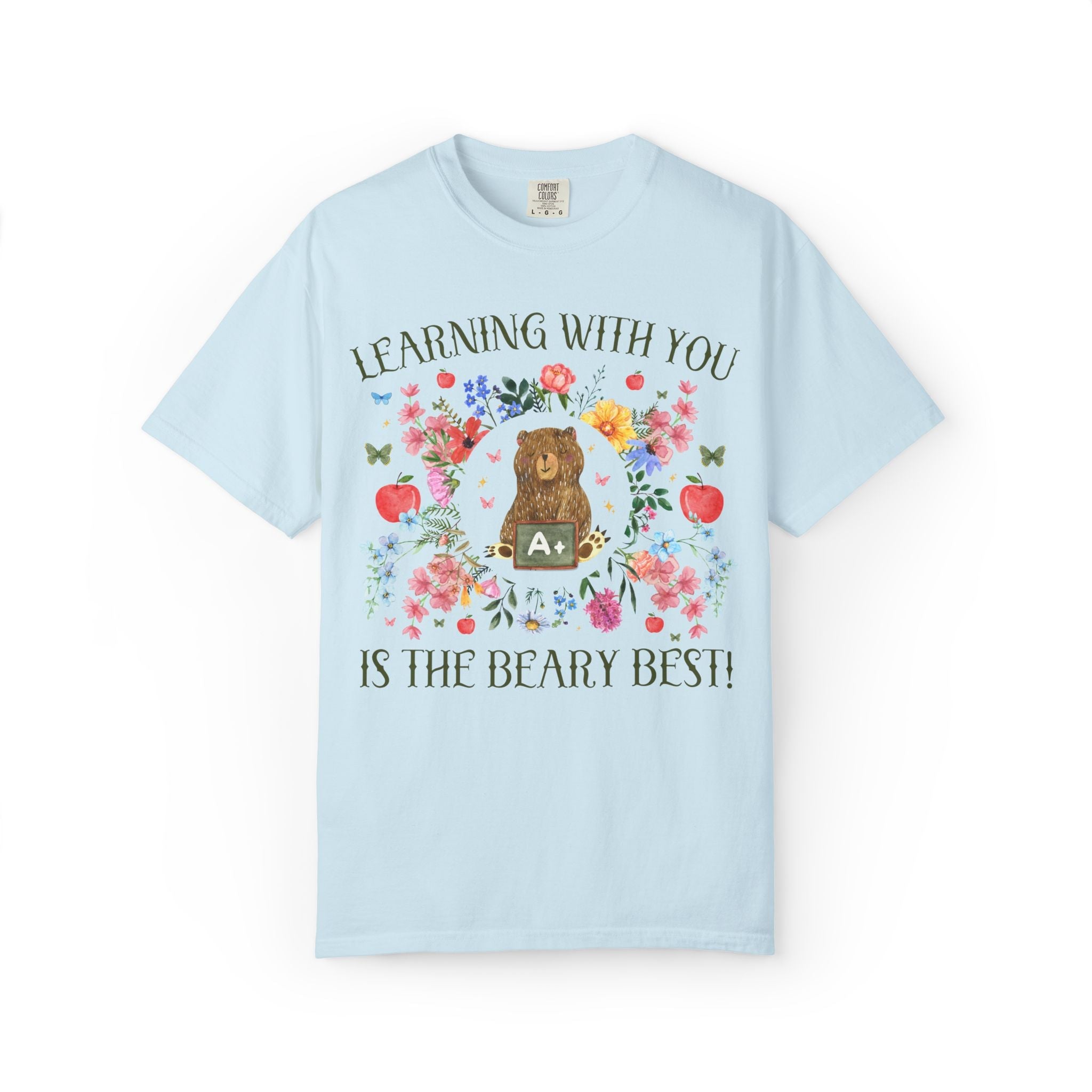 Learning With You is The Beary Best Matching Teacher T-Shirt with Flowers and Cute Cottagecore Bear, Back to School Goblincore Tee - Opal and June