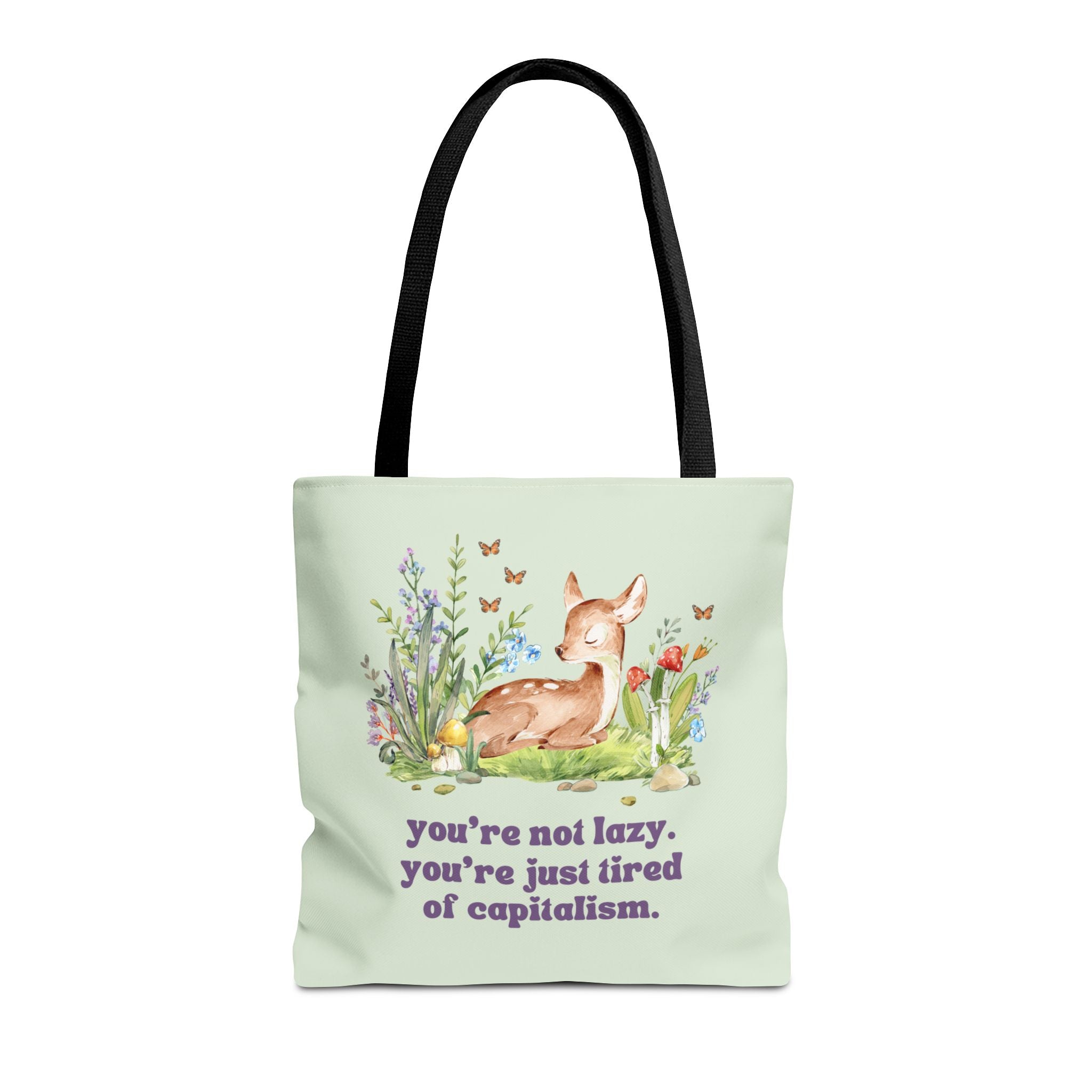Leftist Cottagecore Tote Bag with Deer: Tired of Capitalism, Boho Butterfly Tote, Democratic Socialist, Social Justice Gift, Whimsigoth Tote - Opal and June