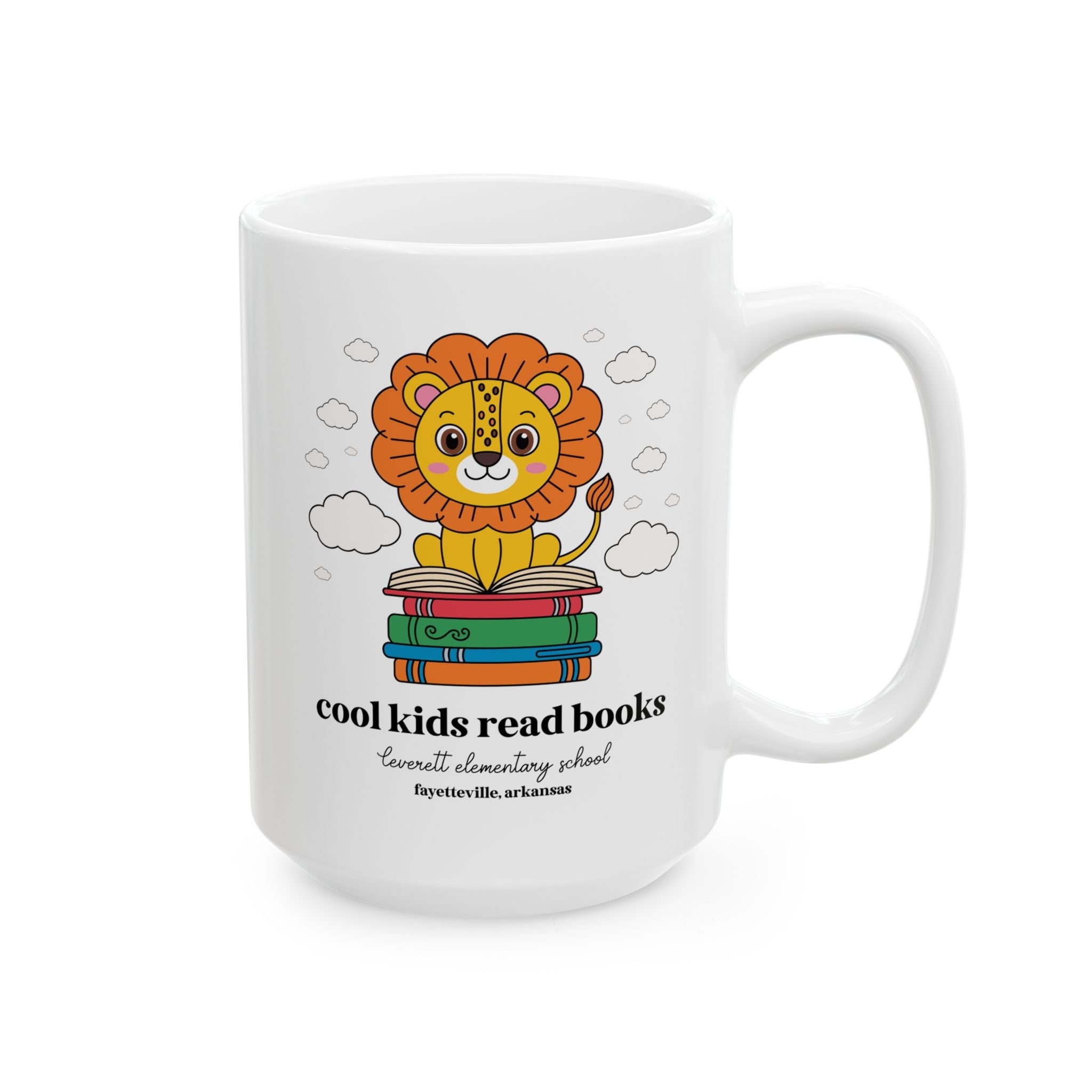Leverett Elementary School Coffee Mug: Cool Kids Read Books | FPS + Opal and June 15 Oz Coffee Mug, Fayetteville Public Schools - Opal and June