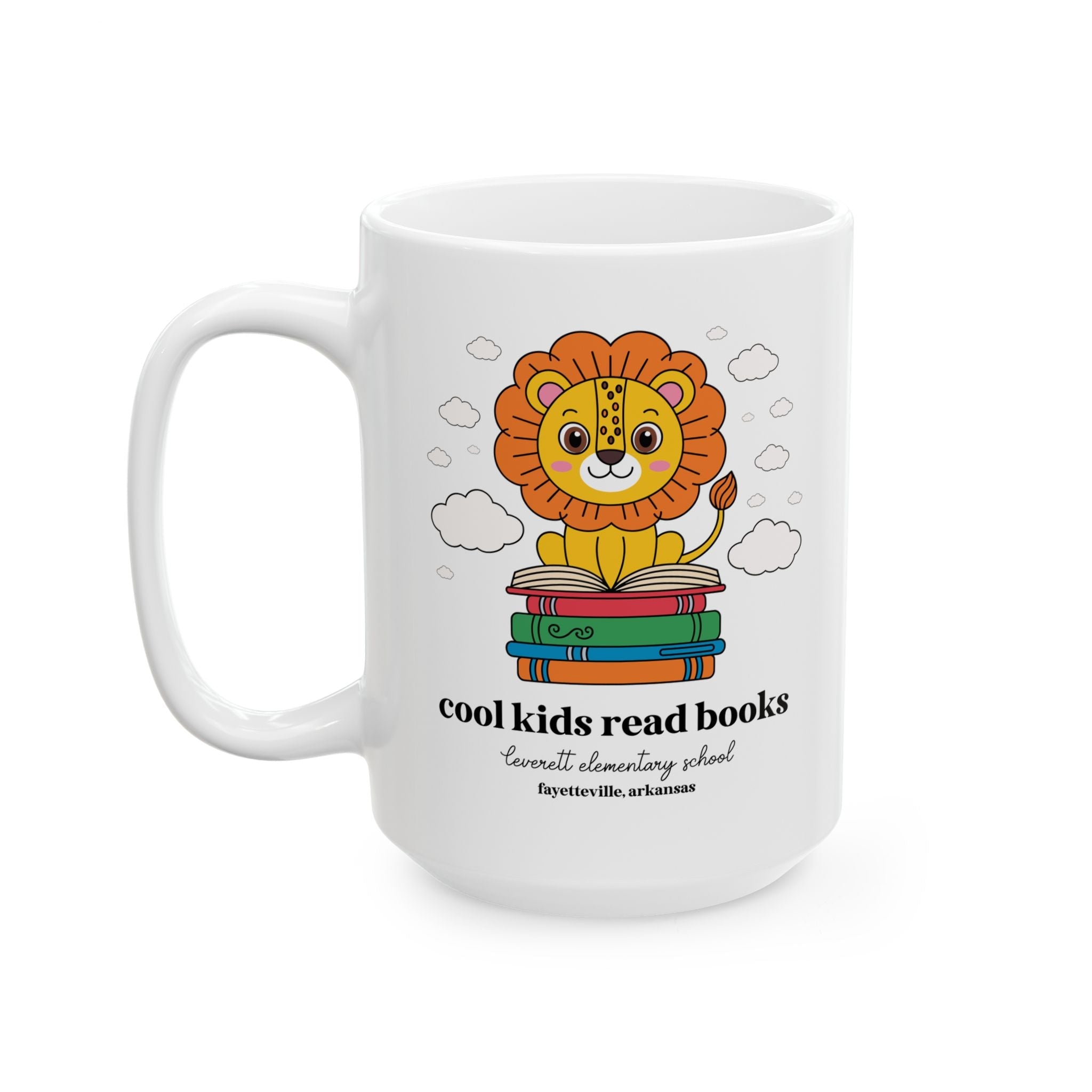 Leverett Elementary School Coffee Mug: Cool Kids Read Books | FPS + Opal and June 15 Oz Coffee Mug, Fayetteville Public Schools - Opal and June