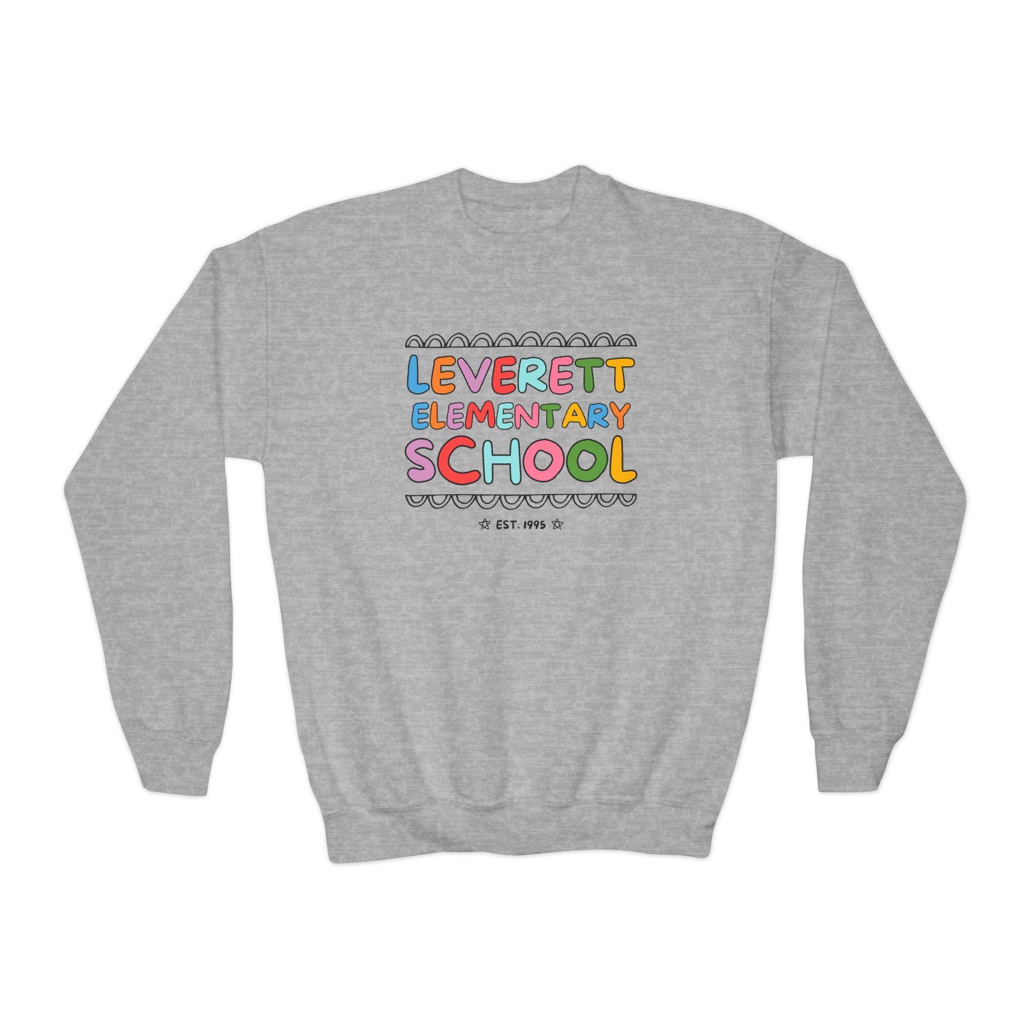 Leverett Elementary School Kids Sweatshirt: Rainbow Letters - Opal and June