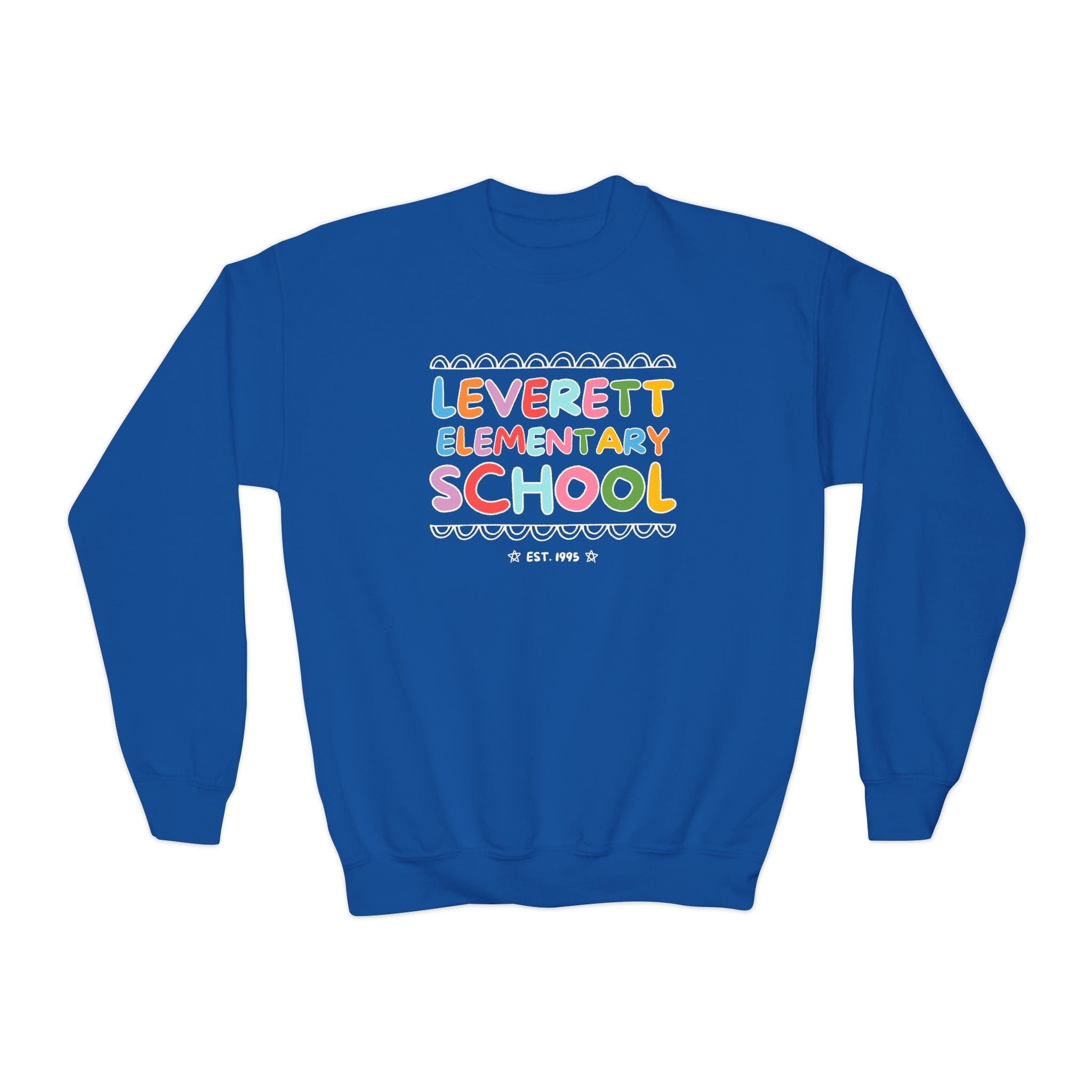 Leverett Elementary School Kids Sweatshirt: Rainbow Letters - Opal and June
