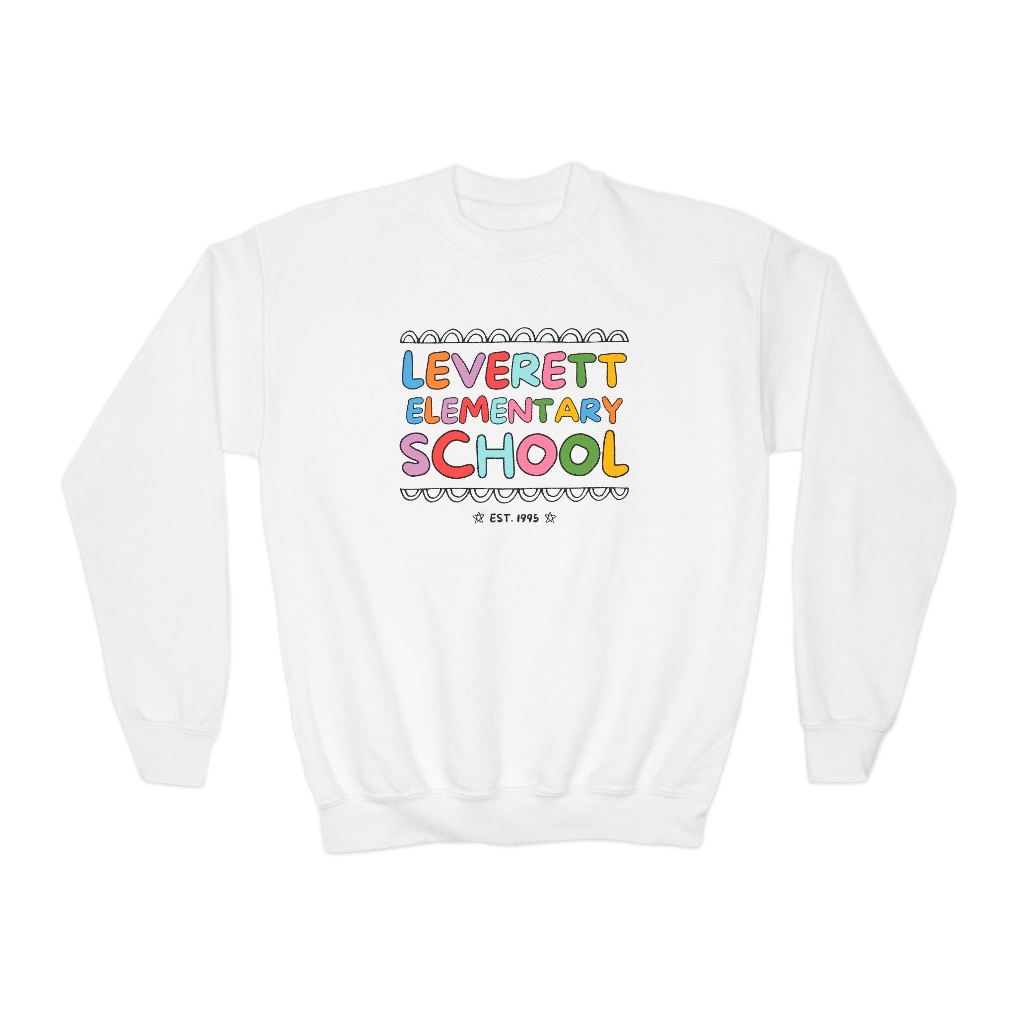 Leverett Elementary School Kids Sweatshirt: Rainbow Letters - Opal and June