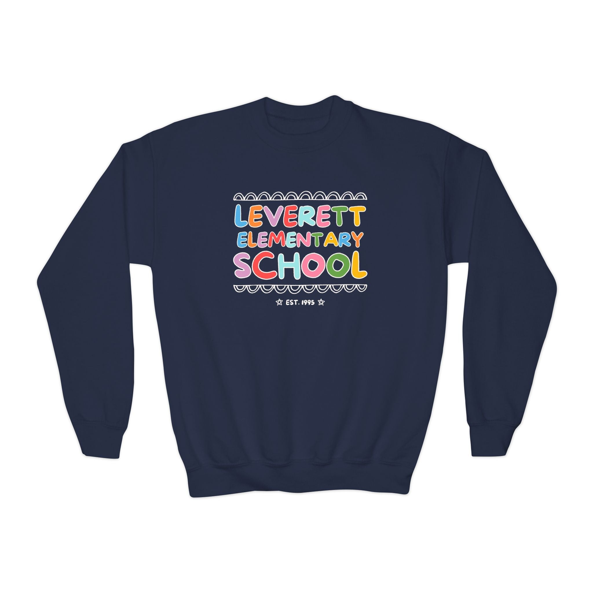 Leverett Elementary School Kids Sweatshirt: Rainbow Letters - Opal and June
