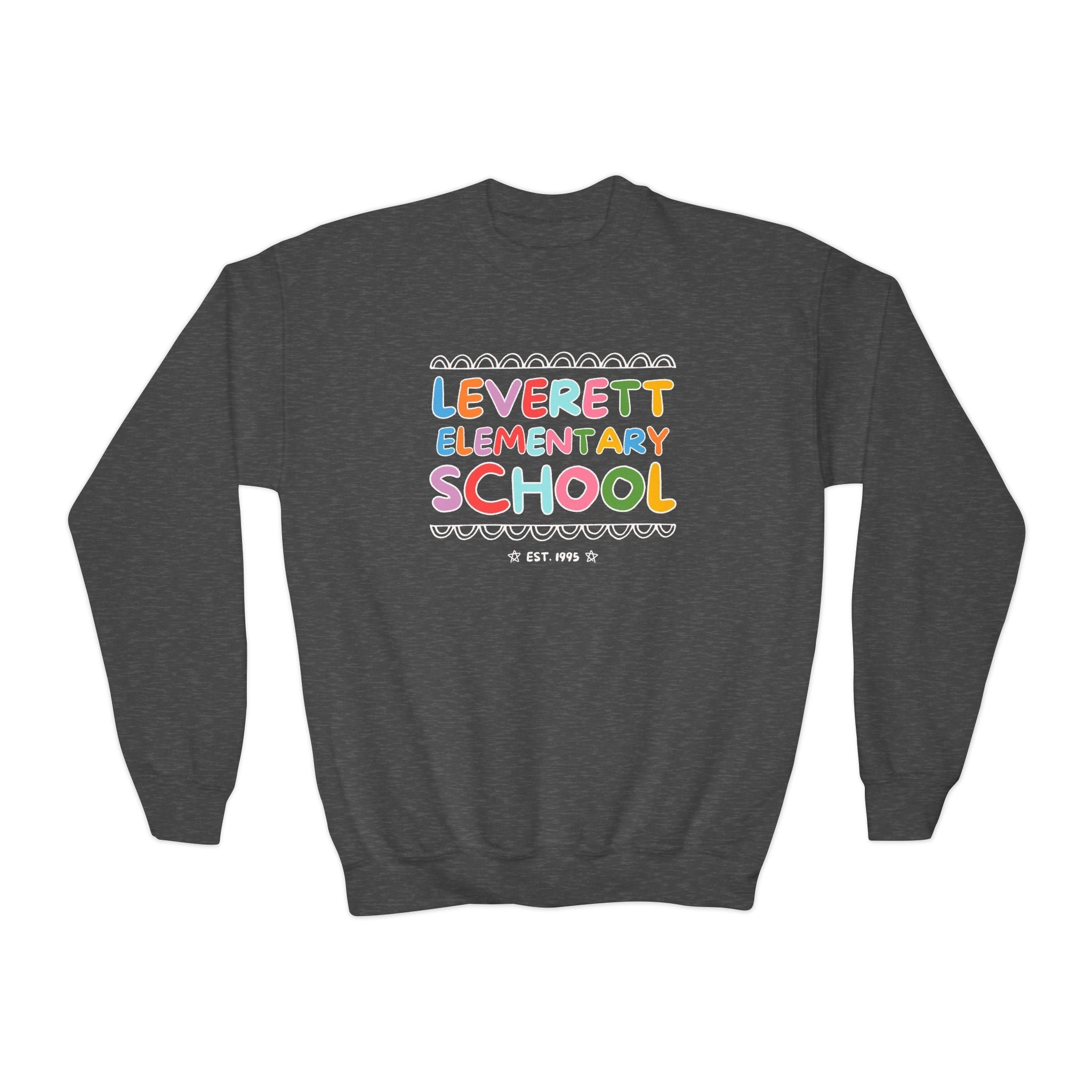 Leverett Elementary School Kids Sweatshirt: Rainbow Letters - Opal and June